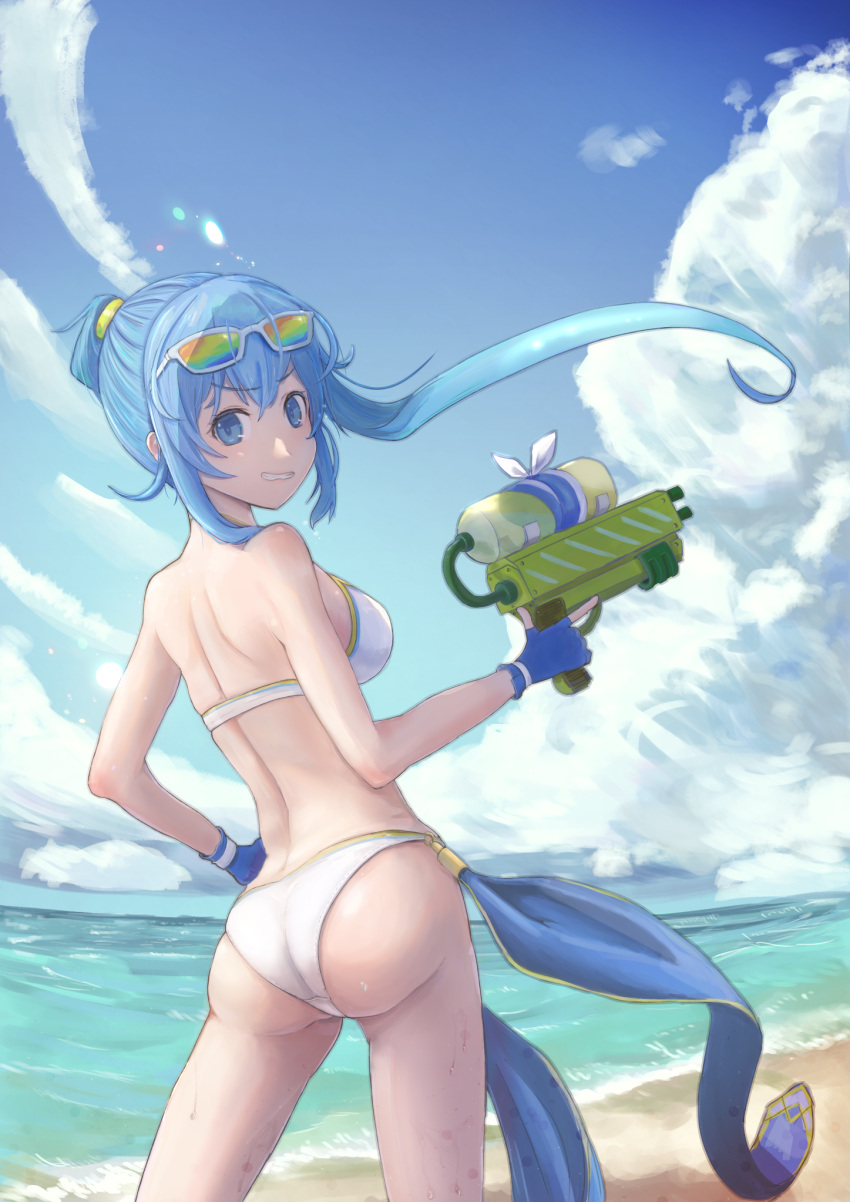 1girl ass beach bikini blue_eyes blue_gloves blue_hair blue_sky day eyewear_on_head fingerless_gloves gloves gun highres holding holding_gun holding_weapon long_hair looking_back meer_(sennen_sensou_aigis) ocean outdoors ponytail sennen_sensou_aigis sinonome_tounsai sky smile solo standing sunglasses swimsuit weapon wet white_bikini