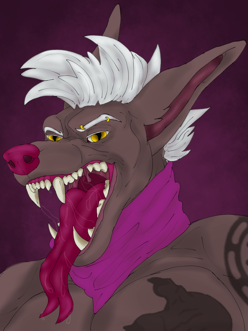 absurd_res anthro anubian_jackal bodily_fluids canid canine canis eyebrow_piercing facial_piercing fangs forked_tongue hair hi_res humanoid jackal long_ears long_tongue lwitch7 male mammal mouth_shot muscular open_mouth piercing portrait pupils saliva scarf slit_pupils snout solo stygian(lwitch7) tattoo tongue white_hair