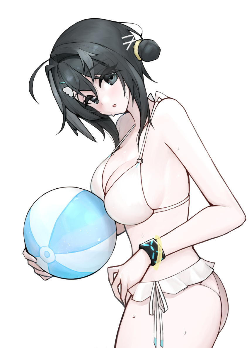 1girl absurdres ahoge arknights ass ball bangs bare_arms bare_shoulders beachball bikini black_eyes black_hair bracelet breasts cleavage cowboy_shot frilled_sleeves frills from_side hair_bun hair_intakes hair_ornament hairclip highres holding holding_ball infection_monitor_(arknights) jewelry la_pluma_(arknights) la_pluma_(summer_flowers)_(arknights) large_breasts looking_at_viewer looking_to_the_side official_alternate_costume open_mouth short_hair simple_background single_hair_bun single_side_bun solo swimsuit white_background white_bikini wing_hair_ornament yuki_nko64