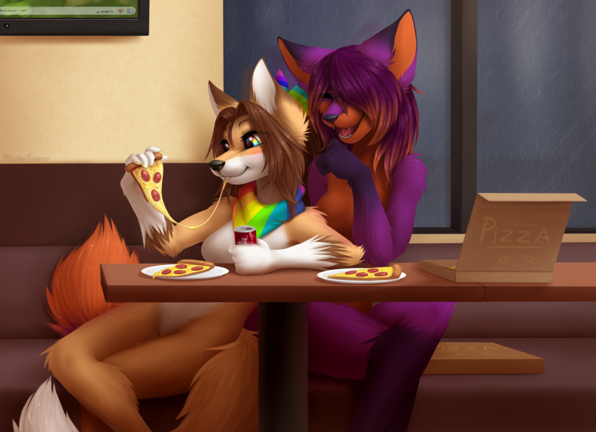 absurd_res anthro arm_tuft black_body black_fur black_nose bloominglynx breasts brown_hair can container duo eating elbow_tuft eyes_closed featureless_breasts featureless_crotch female food fur furniture hair hi_res holding_can holding_container holding_food holding_object holding_pizza inside kerchief multicolored_eyes multicolored_kerchief nude open_mouth open_smile orange_body orange_fur orange_hair orange_inner_ear orange_tail pizza pizza_box purple_body purple_ears purple_fur purple_hair rainbow_eyes rainbow_kerchief rainbow_neckerchief red_tongue sitting smile table tongue tuft white_body white_fur white_tail