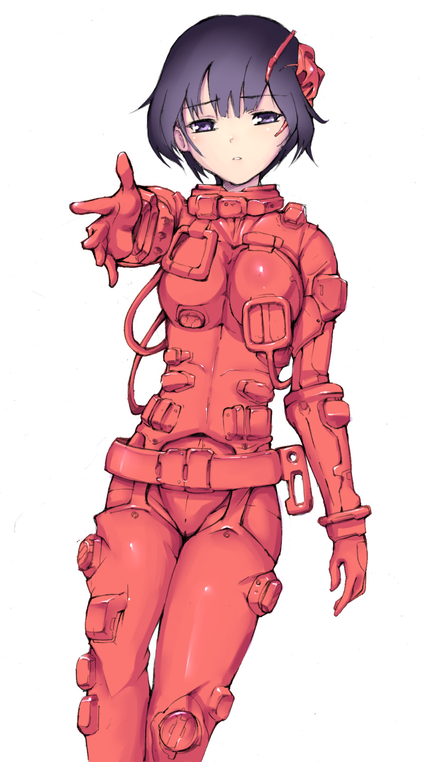 1girl belt black_hair bodysuit breasts commentary_request feet_out_of_frame highres hoshijiro_shizuka large_breasts outstretched_arm parted_lips pilot_suit red_belt red_bodysuit science_fiction short_hair sidonia_no_kishi solo spacesuit vuccha white_background