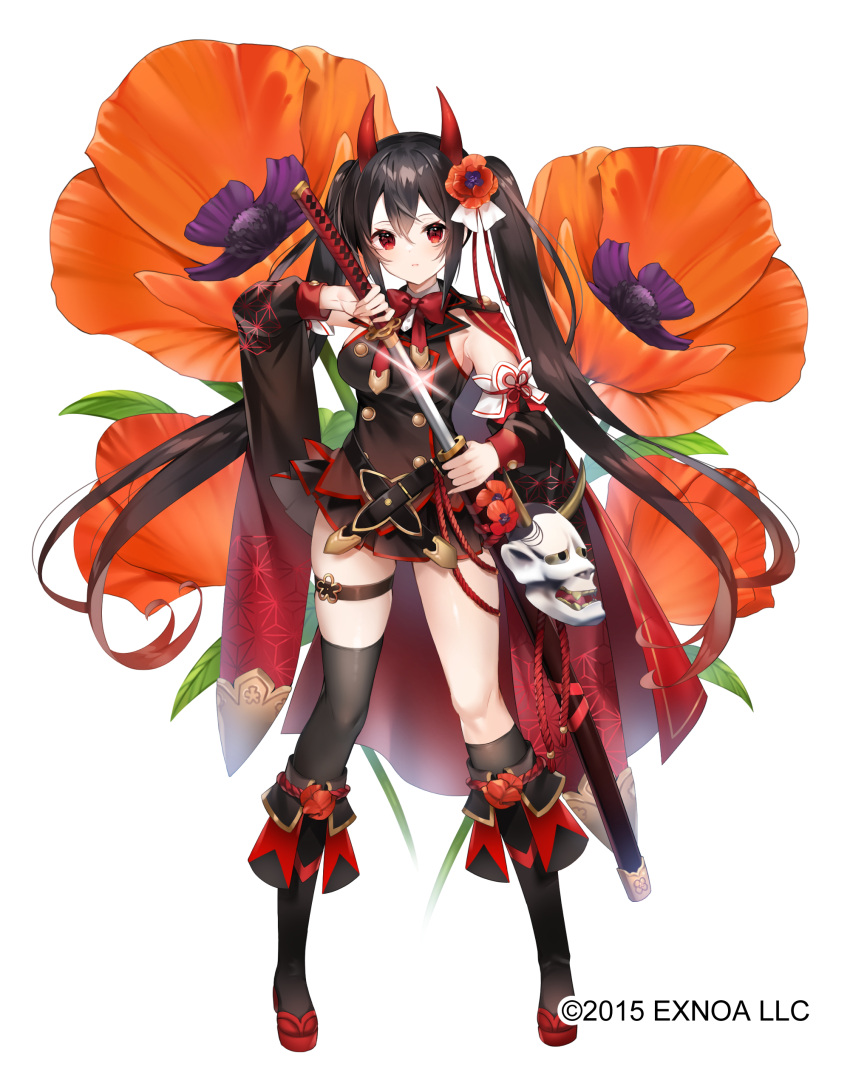 1girl absurdres asymmetrical_legwear belt black_hair black_shirt black_skirt black_sleeves black_thighhighs cape closed_mouth detached_sleeves drawing_sword flower flower_knight_girl full_body hair_flower hair_ornament highres holding holding_sword holding_weapon horns katana kneehighs legs_apart long_hair looking_at_viewer mask miniskirt object_namesake official_art oni_horns oni_mask onigeshi_(flower_knight_girl) poppy_(flower) red_cape red_eyes red_footwear red_horns sakofu scabbard sheath shirt shoes single_kneehigh single_sock single_thighhigh skirt sleeveless sleeveless_shirt socks solo standing sword thighhighs twintails weapon