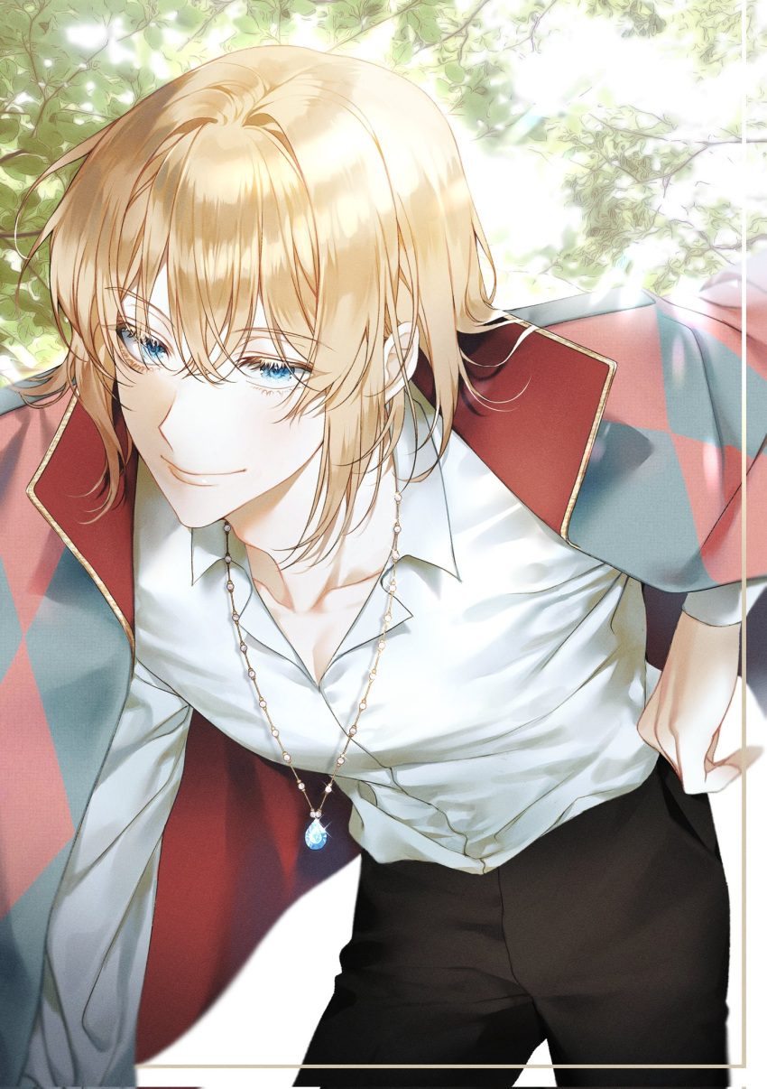 1boy bangs black_pants blonde_hair blue_eyes bob_cut checkered_clothes checkered_jacket collarbone collared_shirt cowboy_shot crossed_bangs ea_ateu hair_between_eyes hand_on_hip highres howl_(howl_no_ugoku_shiro) howl_no_ugoku_shiro jacket jacket_on_shoulders jewelry leaning_forward long_sleeves looking_at_viewer male_focus medium_hair necklace outdoors pants shiny shiny_hair shirt smile solo tree white_shirt