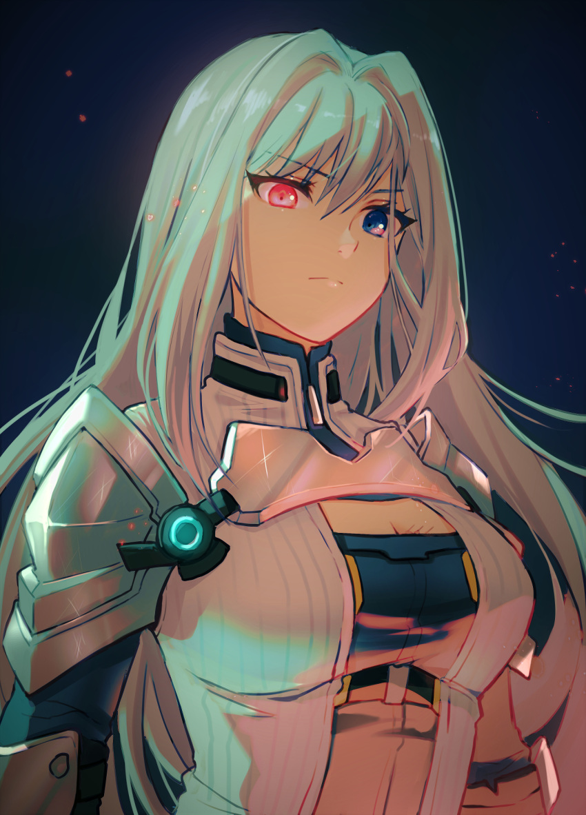1girl armor blue_eyes breast_tattoo breasts cleavage cleavage_cutout clothing_cutout ethel_(xenoblade) fuwamoko_momen_toufu heterochromia highres large_breasts light_brown_hair long_hair red_eyes shoulder_armor solo tattoo very_long_hair xenoblade_chronicles_(series) xenoblade_chronicles_3