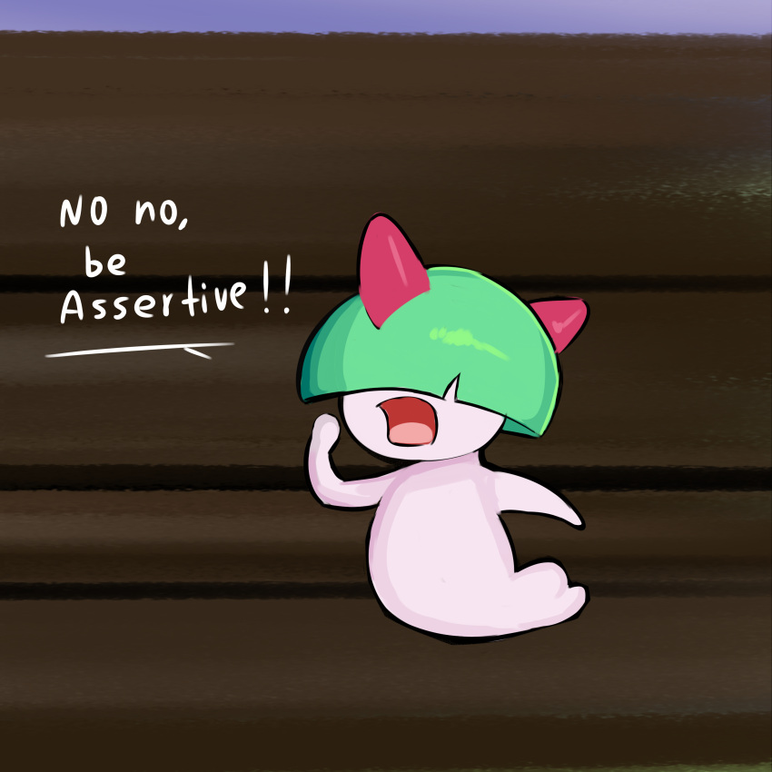 absurd_res ambiguous_gender colored dialogue english_text generation_3_pokemon green_hair hair hair_over_eyes hi_res nintendo pokemon pokemon_(species) ralts sath15 solo text video_games white_body