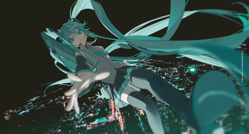 1girl airborne black_footwear blue_eyes blue_hair blue_necktie boots city collared_shirt detached_sleeves falling floating_hair grey_shirt hatsune_miku headset highres k00s long_hair looking_at_viewer necktie open_hand parted_lips shirt sleeveless sleeveless_shirt solo thigh_boots twintails very_long_hair vocaloid