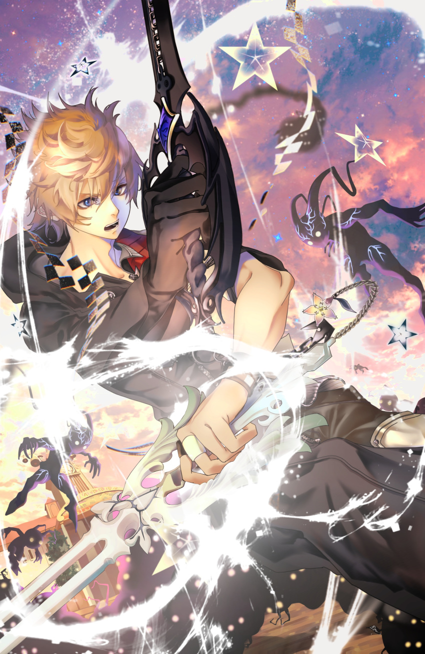 1boy absurdres black_gloves black_pants black_robe blonde_hair blue_eyes clock clock_tower crow_illust dual_wielding fighting_stance gloves hair_between_eyes heartless highres holding holding_weapon hooded_robe jewelry keyblade kingdom_hearts kingdom_hearts_ii lower_teeth male_focus open_mouth outdoors pants ring robe roxas solo_focus spiked_hair star_(symbol) teeth tower upper_teeth weapon wristband yellow_eyes