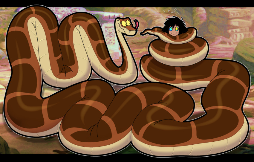 coiling duo feral forked_tongue human hypnofood hypnosis kaa_(jungle_book) male mammal mind_control mowgli overweight python reptile scalie snake spiral_eyes the_jungle_book thick_tail tongue