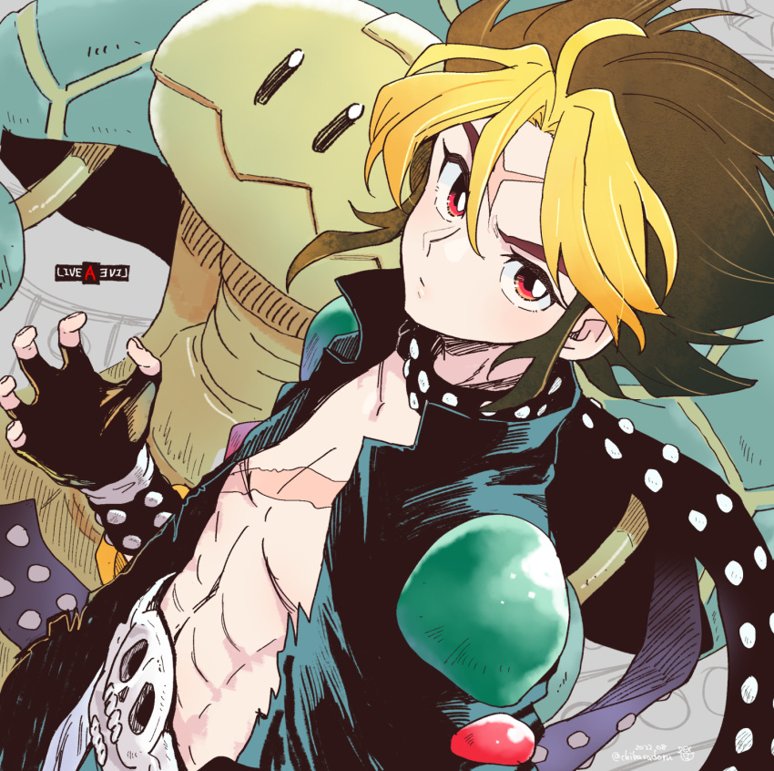 1boy abs armor bangs black_gloves black_jacket blonde_hair brown_hair chiba_sadoru clenched_hand fingerless_gloves gloves highres jacket live_a_live looking_at_viewer male_focus multicolored_hair open_clothes open_jacket parted_bangs pectorals polka_dot polka_dot_scarf red_eyes scar scar_on_chest scar_on_face scar_on_forehead scarf short_hair shoulder_armor sidelocks skull_belt solo tadokoro_akira two-tone_hair