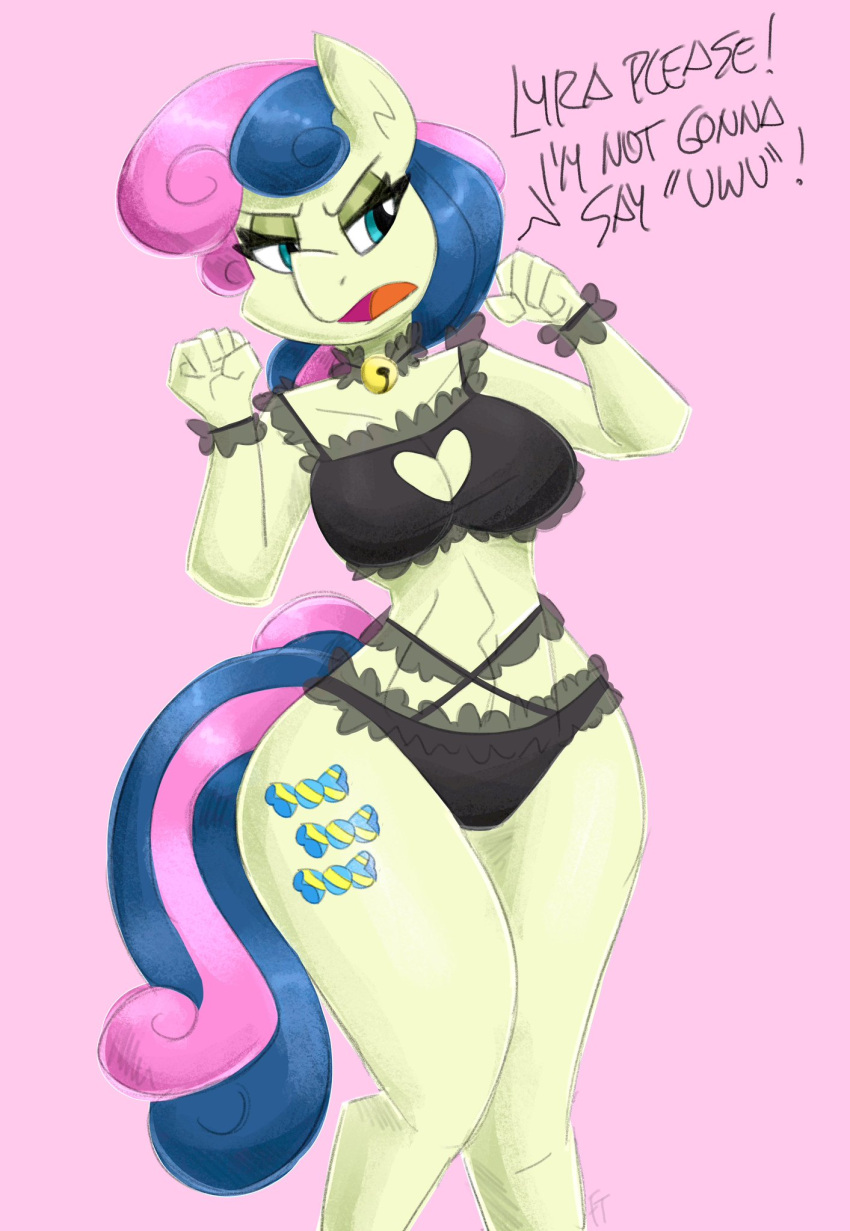 2022 5_fingers annoyed anthro anthrofied bell blue_eyes blue_hair blue_tail bonbon_(mlp) bra breasts clothing cutie_mark digital_media_(artwork) earth_pony equid equine eyelashes female fingers flutterthrash friendship_is_magic hair half-closed_eyes hasbro hi_res horse humanoid_hands lingerie mammal multicolored_hair my_little_pony narrowed_eyes open_mouth panties paw_pose pink_background pink_hair pink_tail pony pose simple_background solo standing tan_body text thick_thighs two_tone_hair two_tone_tail underwear uwu wide_hips