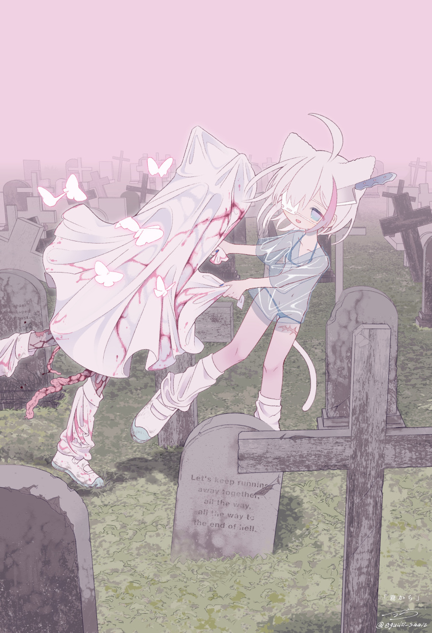 1girl 1other absurdres ahoge animal_ears bangs bikini bikini_under_clothes blood blood_stain blue_eyes blue_nails bug butterfly cat_ears cat_girl cat_tail collarbone commentary_request cross eyepatch grass graveyard halterneck highres holding_hands intestines japanese_clothes kimono knife_in_head looking_at_another loose_socks medical_eyepatch multicolored_hair nail_polish one_eye_covered open_mouth original outdoors outo_eguchi pink_sky scar scar_on_leg see-through_kimono shoes short_hair short_kimono short_sleeves signature smile socks standing streaked_hair swimsuit tail tombstone twitter_username uwabaki white_footwear white_hair white_socks