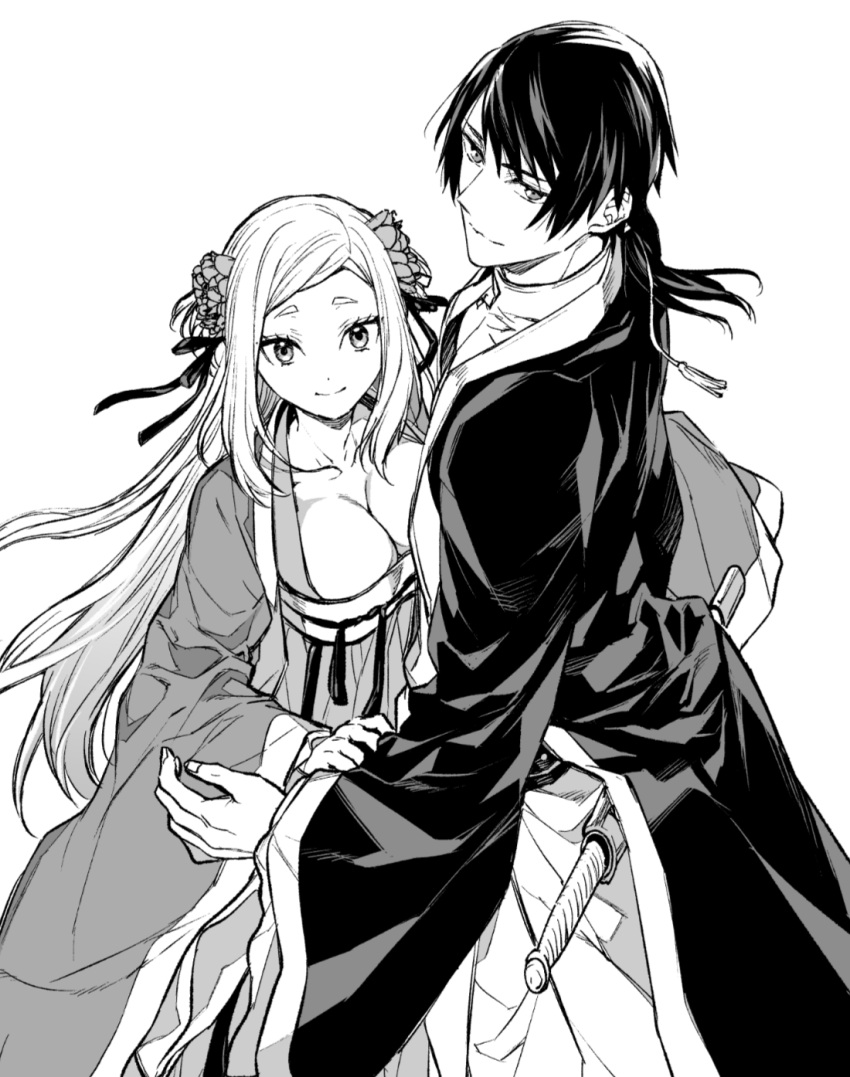 1boy 1girl breasts changpao chinese_clothes cleavage closed_mouth cowboy_shot flower greyscale hair_flower hair_ornament hair_ribbon hanfu highres holding_another's_arm komu_(360) large_breasts long_hair looking_at_viewer monochrome original ribbon scabbard sheath sheathed simple_background smile sword thick_eyebrows two_side_up weapon white_background