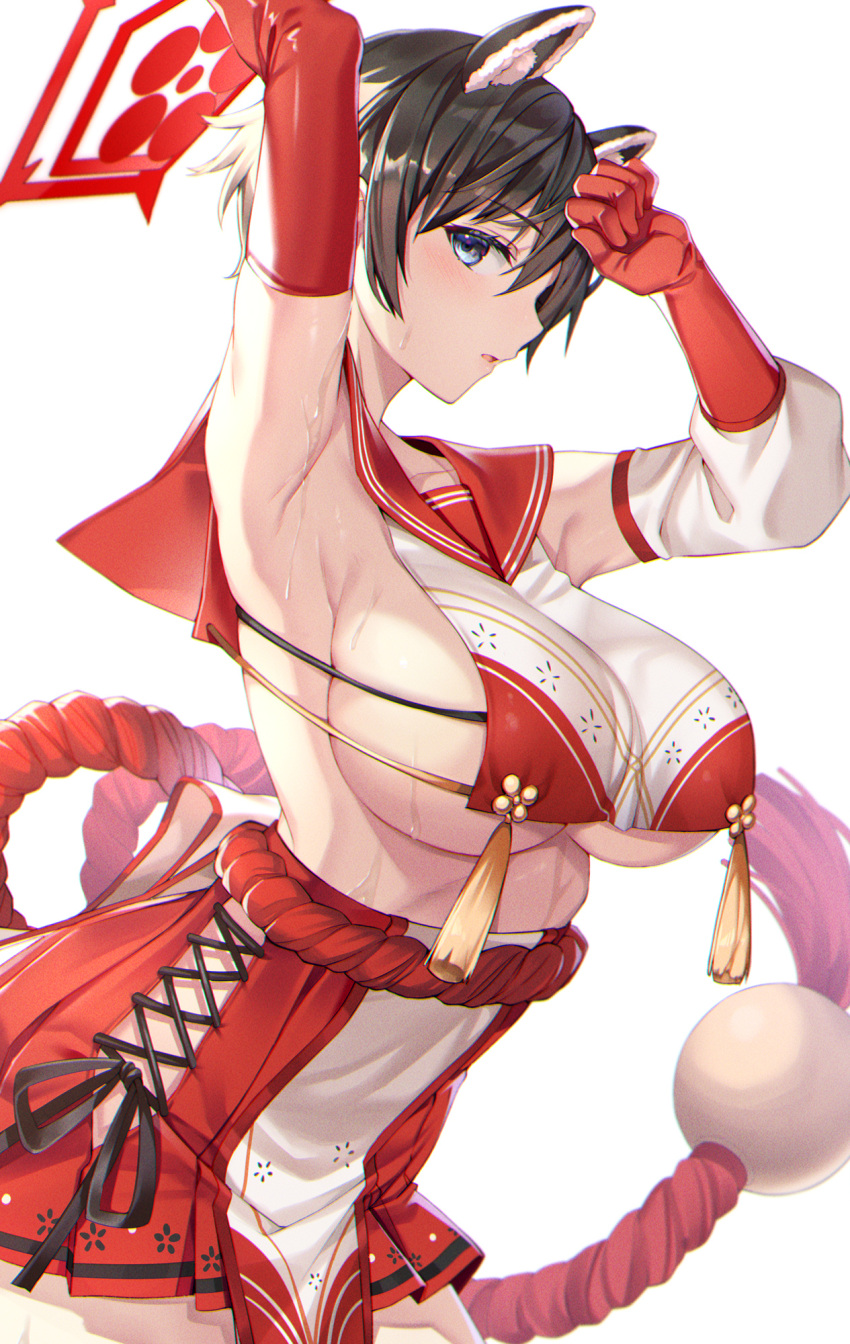 1girl animal_ears arm_up armpits black_eyes black_hair blue_archive breast_curtain breasts elbow_gloves from_side gloves halo highres hip_vent huge_breasts large_breasts looking_at_viewer miniskirt mokyu pleated_skirt raccoon_ears red_gloves red_sailor_collar red_skirt rope sailor_collar shimenawa short_hair sideboob sideless_outfit sideways_glance skirt solo sweat tabard tassel tsubaki_(blue_archive) underboob