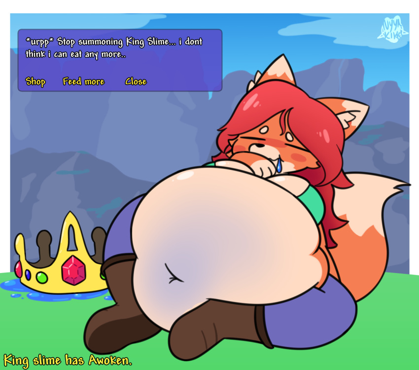 anthro belly big_belly big_breasts blush bodily_fluids boots bottomwear breasts burping canid canine clothing crown deep_navel denim denim_clothing dialogue drooling english_text eyes_closed female foamytail footwear fox fur glistening glistening_belly glistening_breasts hair hand_on_mouth hi_res hyper hyper_belly inflation jeans king_slime_(terraria) long_hair mammal mountain navel orange_body orange_fur overweight overweight_female pants red_hair saliva shirt sitting slime slime_inflation solo terraria text tight_clothing tight_shirt tight_topwear topwear were werecanid werecanine werefox zoologist_(terraria)
