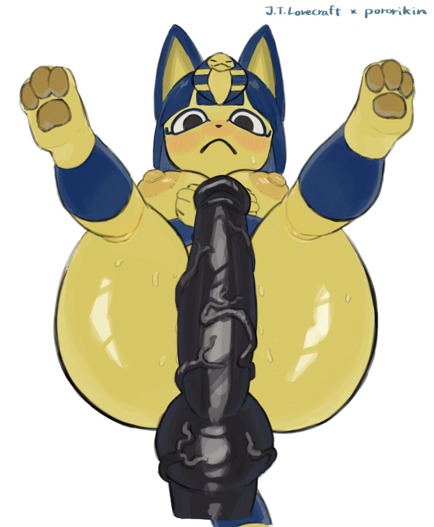 2020 accessory animal_crossing ankha_(animal_crossing) anthro anus big_anus big_dildo blue_hair blush bodily_fluids breasts butt digital_media_(artwork) dildo domestic_cat egyptian felid feline felis female fingers fur genitals hair hair_accessory hi_res knotted_dildo legs_up looking_at_viewer lube mammal markings nintendo nipples nude pawpads pororikin presenting presenting_hindquarters puffy_nipples sex_toy simple_background solo striped_markings striped_tail stripes sweat tail_markings uraeus veiny_dildo video_games white_background yellow_body