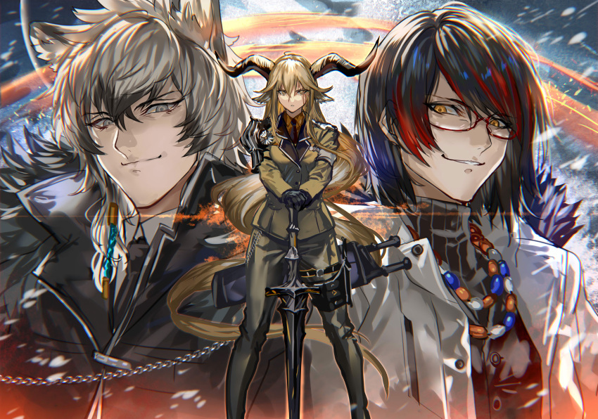 1girl 2boys animal_ears arknights bangs bead_necklace beads black_gloves black_hair black_jacket black_necktie black_pants brown_hair brown_jacket coat degenbrecher_(arknights) feet_out_of_frame fur_trim glasses gloves gnosis_(arknights) grey_eyes grey_hair grin hair_between_eyes highres horns jacket jewelry leopard_ears long_hair long_sleeves looking_at_viewer multicolored_hair multiple_boys necklace necktie pants parted_lips planted planted_sword ran'ou_(tamago_no_kimi) red_hair silverash_(arknights) smile standing streaked_hair sword tail upper_body very_long_hair weapon white_coat yellow_eyes