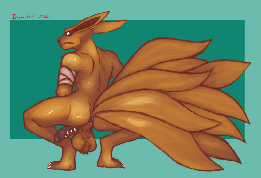 anthro backsack ball_tuft balls brown_body brown_fur canid canine crouching fangs fox fur genitals hi_res inabaart kurama male mammal multitail naruto penis presenting rear_view solo tailed_beast tuft