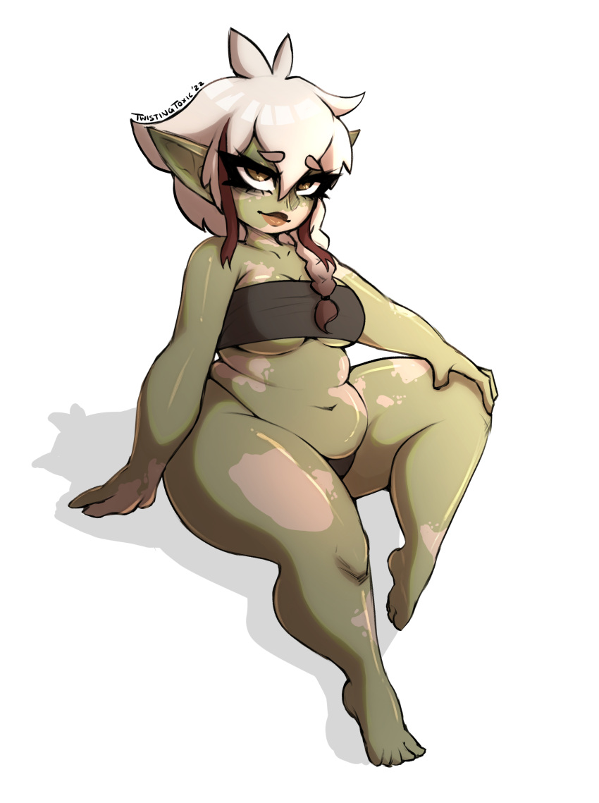 absurd_res breasts cleavage clothed clothing female goblin green_body green_skin hair hi_res humanoid not_furry shadow short_stack solo thick_thighs twistingtoxic