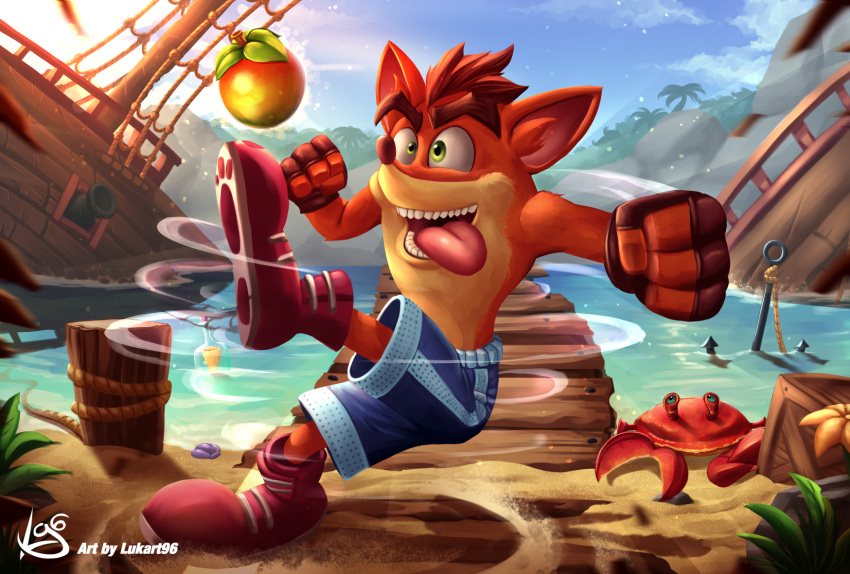 2022 4_fingers activision anthro arthropod artist_name bandicoot bottomwear clothing crab crash_bandicoot crash_bandicoot_(series) crustacean decapoda dock fingers food footwear fruit hi_res island lukart96 malacostracan male mammal marine marsupial open_mouth plant shipwreck shoes shorts solo tongue tongue_out video_games watermark wumpa_fruit