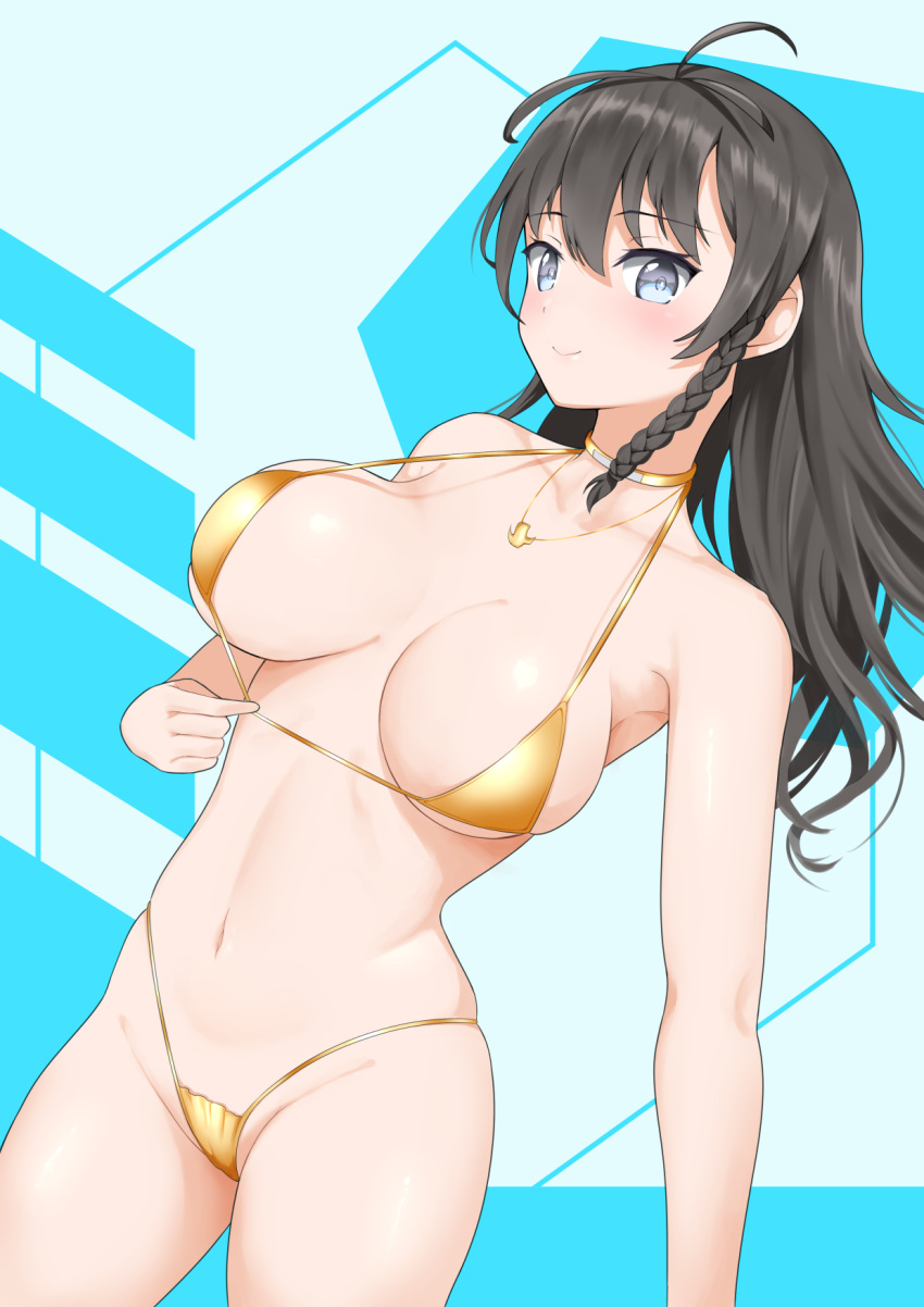 1girl ahoge bikini black_hair blue_eyes braid breasts breasts_apart cameltoe choker cleavage closed_mouth collarbone contrapposto cowboy_shot gold_bikini groin hair_between_eyes halterneck highleg highleg_bikini highres jewelry large_breasts long_hair looking_at_viewer micro_bikini navel necklace shining_(series) shining_resonance smile sonia_branche strap_gap strap_pull swimsuit theakingu