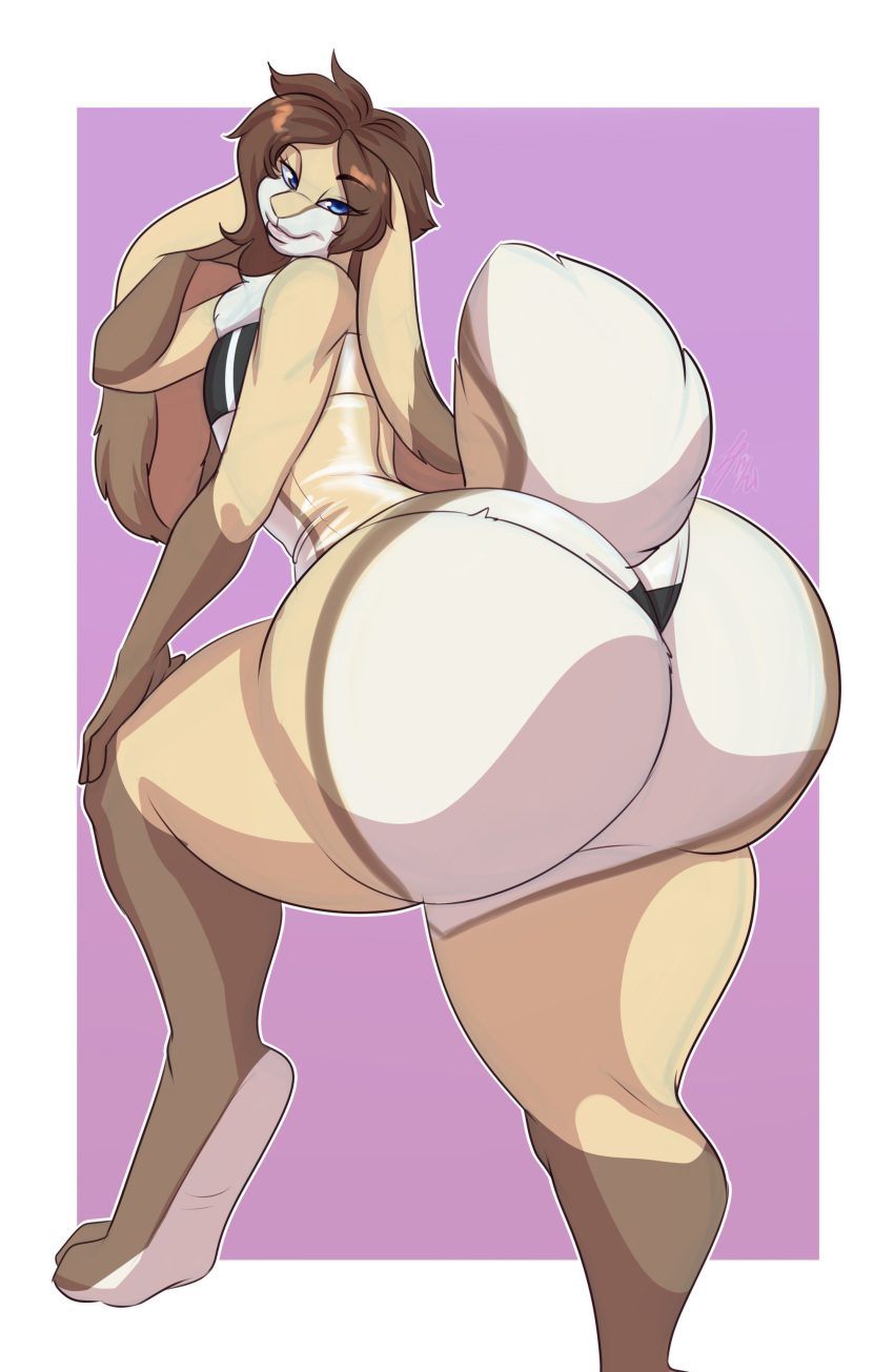 absurd_res anthro big_butt bikini_thong brown_hair butt clothing girly gris_swimsuit hair hi_res huge_butt lagomorph lavenderpandy leporid male mammal meme meme_clothing one-piece_swimsuit rabbit solo swimwear thick_thighs translucent translucent_clothing translucent_swimwear