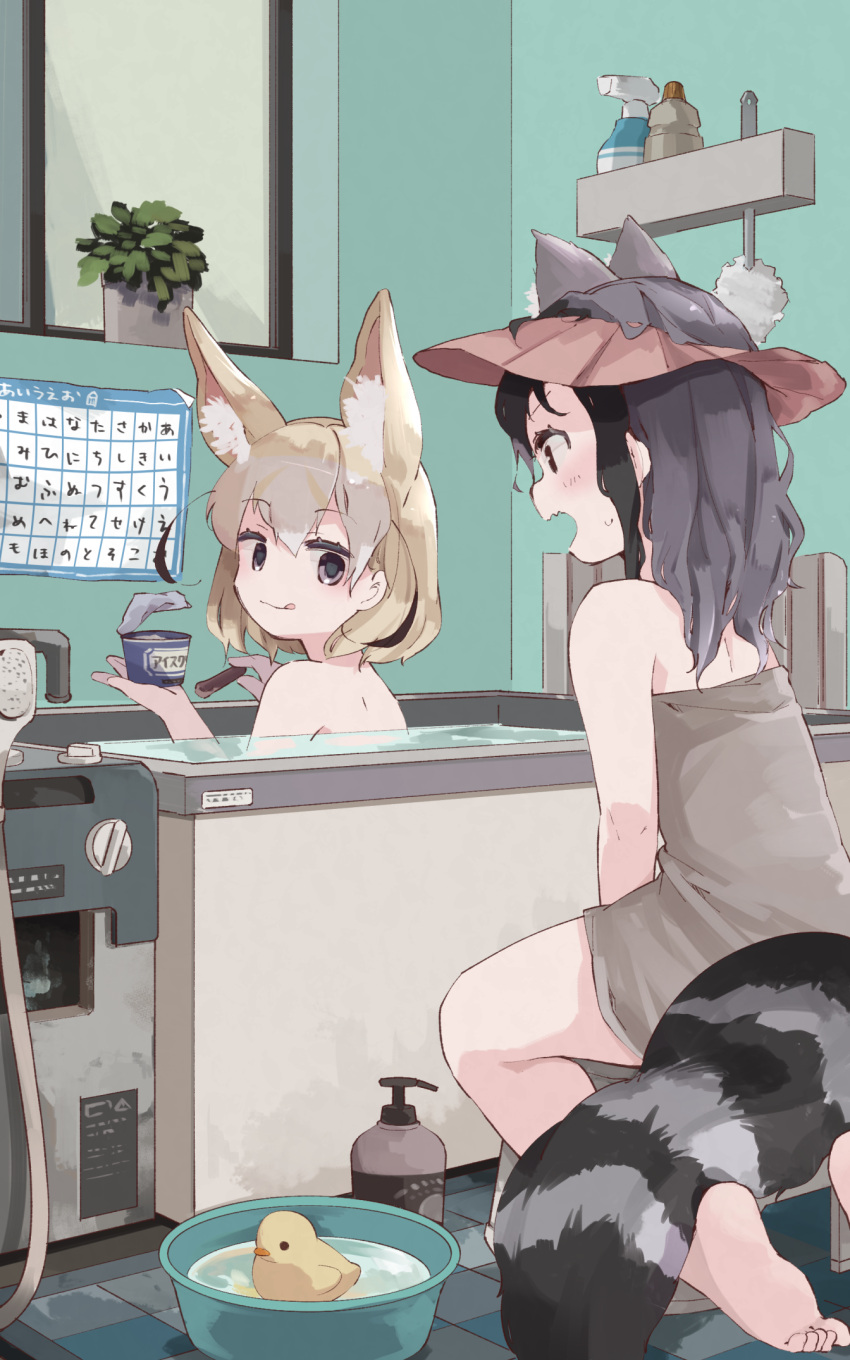 1girl alternate_costume animal_ears bare_legs barefoot bath bathing bathtub blonde_hair commentary_request common_raccoon_(kemono_friends) fennec_(kemono_friends) fox_ears fox_girl grey_hair highres kemono_friends multicolored_hair naked_towel nanana_(nanana_iz) raccoon_ears raccoon_girl raccoon_tail shampoo_hat short_hair sitting solo tail towel white_hair