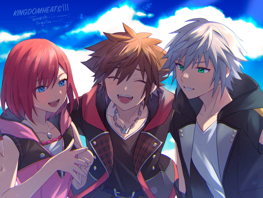 1girl 2boys aqua_eyes arm_around_shoulder bare_arms belt belt_buckle black_shirt blue_eyes blush brown_hair buckle chain_necklace closed_eyes dress fingerless_gloves gloves grey_hair hair_between_eyes hood hood_down hooded_dress jewelry kairi_(kingdom_hearts) kingdom_hearts kingdom_hearts_iii laughing lower_teeth multiple_boys necklace open_mouth outdoors pink_dress red_hair riku_(kingdom_hearts) shirt short_hair smile sora_(kingdom_hearts) spiked_hair teeth upper_body upper_teeth white_shirt wosinnk