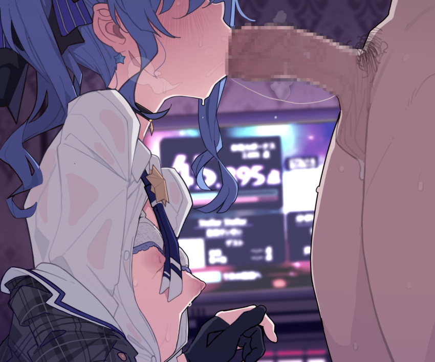 1boy 1girl bangs black_gloves blue_hair blush breasts breasts_out choker collared_shirt erection fellatio gloves grey_jacket head_out_of_frame hetero hololive hoshimachi_suisei jacket kakure_eria karaoke long_sleeves male_pubic_hair medium_hair necktie nipples off_shoulder open_clothes open_jacket open_mouth open_shirt oral partially_fingerless_gloves penis plaid plaid_jacket pubic_hair shirt side_ponytail sidelocks small_breasts television testicles virtual_youtuber white_shirt