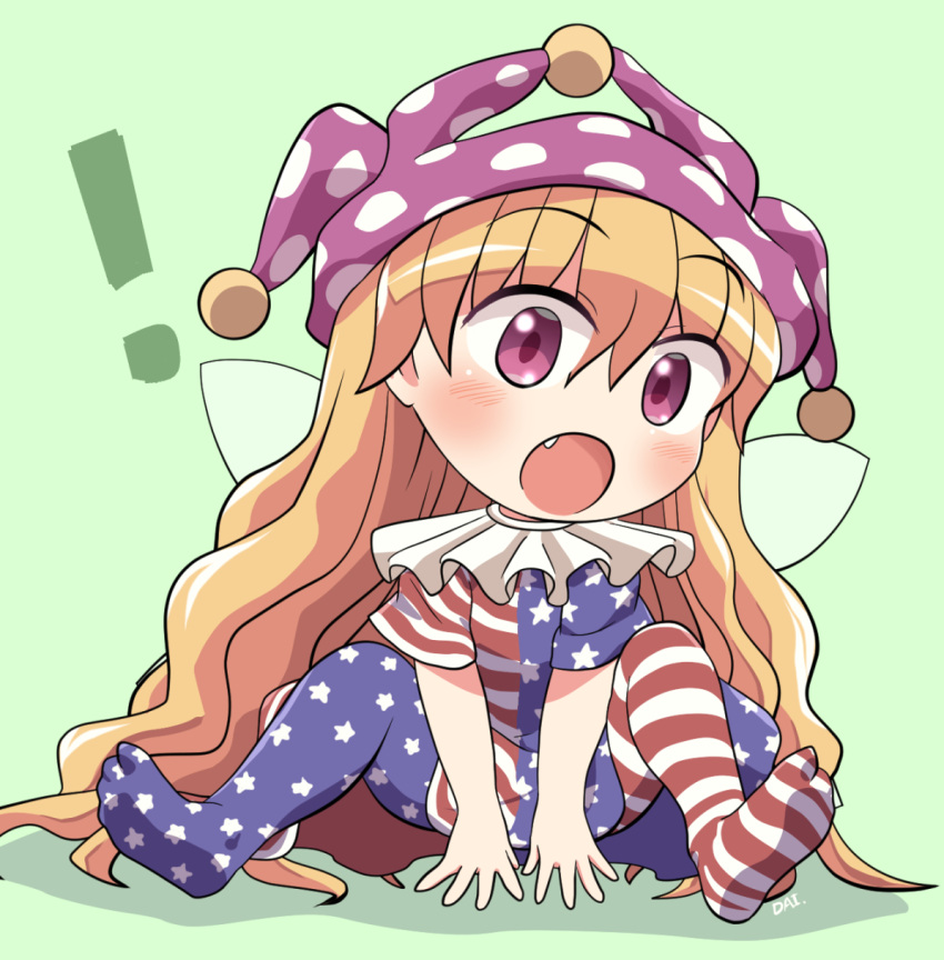 ! 1girl american_flag_dress american_flag_legwear blonde_hair blush clownpiece dress fairy fairy_wings fang full_body green_background hair_between_eyes hat highres jester_cap long_hair open_mouth pantyhose pink_eyes pink_headwear polka_dot polka_dot_headwear rokugou_daisuke signature simple_background solo star_(symbol) star_print striped striped_dress striped_pantyhose touhou wings