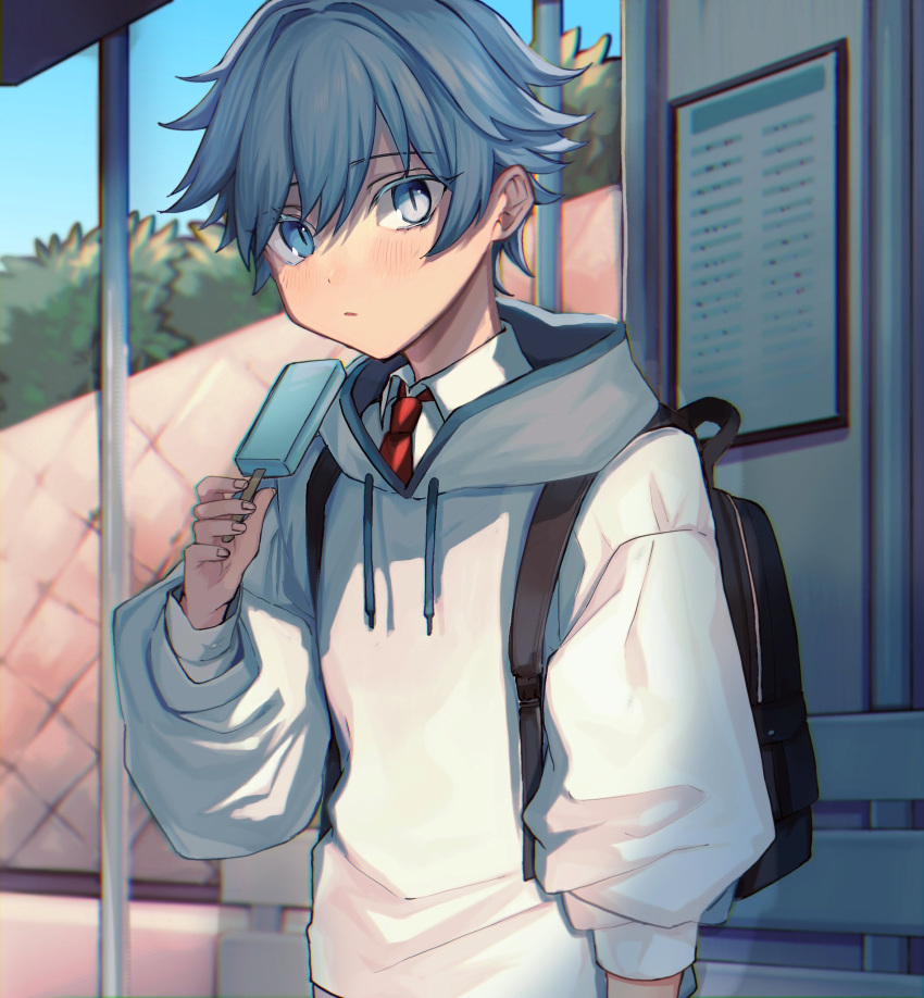 1boy backpack bag blue_eyes blue_hair blush chongyun_(genshin_impact) closed_mouth food genshin_impact highres holding holding_food hood hood_down hoodie light_blue_hair looking_at_viewer male_focus nakura_hakuto necktie popsicle popsicle_stick solo white_hoodie