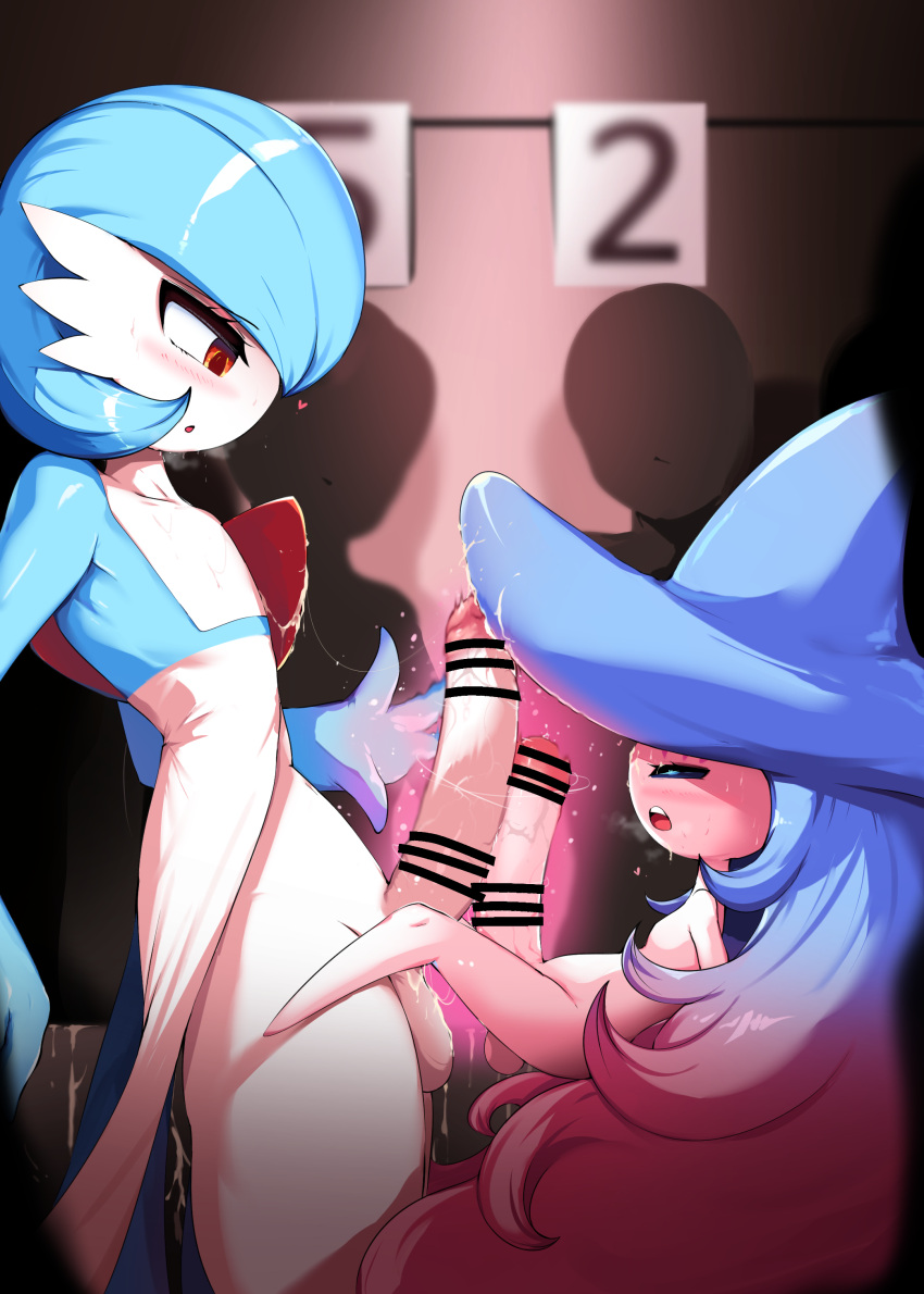 &lt;3 absurd_res anthro black_sclera blue_hair blush chobonolly duo female frottage gardevoir generation_3_pokemon generation_8_pokemon genitals hair hatterene hi_res intersex intersex/intersex mega_evolution mega_gardevoir nintendo open_mouth penis pokemon pokemon_(species) psychic_powers sex size_difference small_but_hung smaller_female spectators video_games