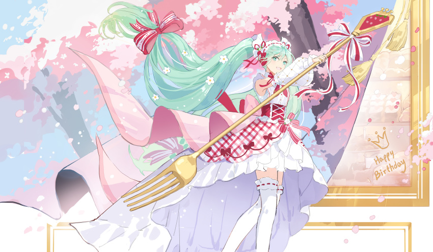 1girl :d absurdres amicis_(amisic) bangs day detached_sleeves feet_out_of_frame fork green_eyes green_hair hair_between_eyes happy_birthday hatsune_miku highres holding holding_fork long_hair long_sleeves looking_at_viewer outdoors oversized_object petals plaid plaid_skirt puffy_long_sleeves puffy_sleeves ribbon-trimmed_legwear ribbon-trimmed_thighhighs ribbon_trim shirt skirt sleeveless sleeveless_shirt sleeves_past_wrists smile solo strawberry_miku_(morikura) thighhighs tree twintails very_long_hair vocaloid white_shirt white_skirt white_sleeves white_thighhighs
