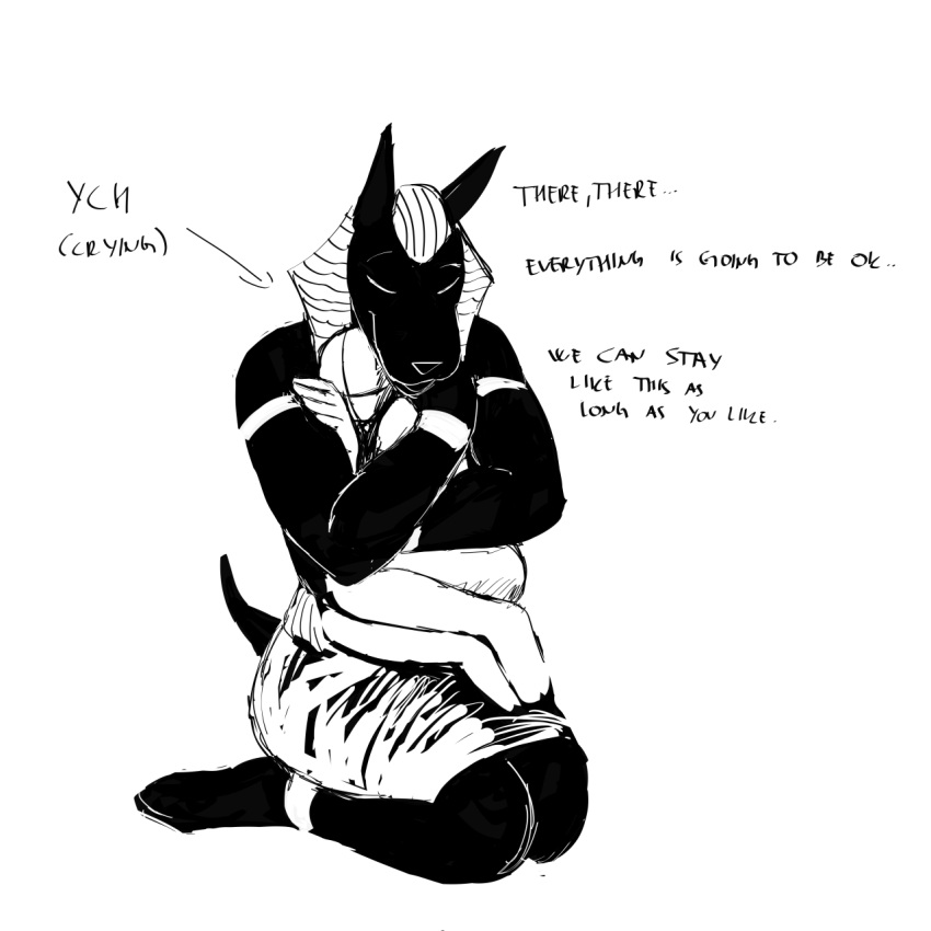 2020 anthro anubian_jackal anubis black_and_white bodily_fluids canid canine canis comforting crying deity dialogue duo egyptian_mythology embrace hi_res hladilnik hug humanoid jackal male mammal middle_eastern_mythology monochrome mythology size_difference smile tears ych_(character)