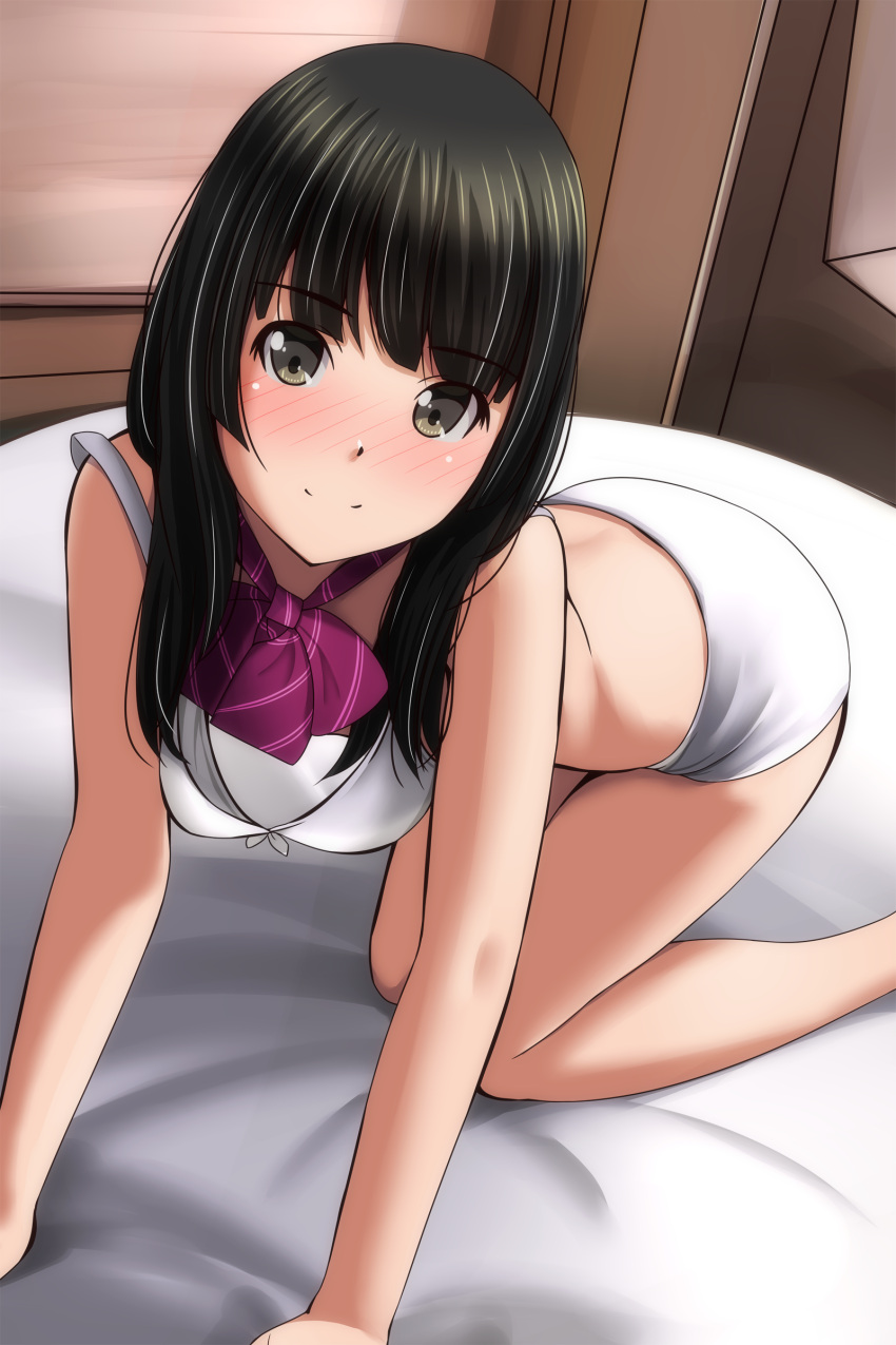 1girl absurdres all_fours bangs bare_arms bare_legs bare_shoulders black_hair blush bow bra brown_eyes closed_mouth diagonal-striped_bow feet_out_of_frame highres indoors looking_at_viewer matsunaga_kouyou nose_blush original panties purple_bow smile solo underwear underwear_only white_bra white_panties