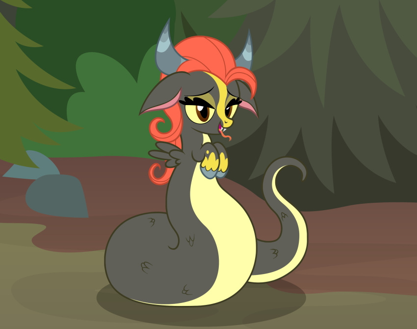 badumsquish brown_body brown_eyes brown_scales fan_character fangs forked_tongue hair hasbro hi_res hooves horn looking_at_viewer my_little_pony ophiotaurus orange_hair reptile scales scalie snake solo tongue tongue_out wings yellow_body yellow_scales yellow_sclera young