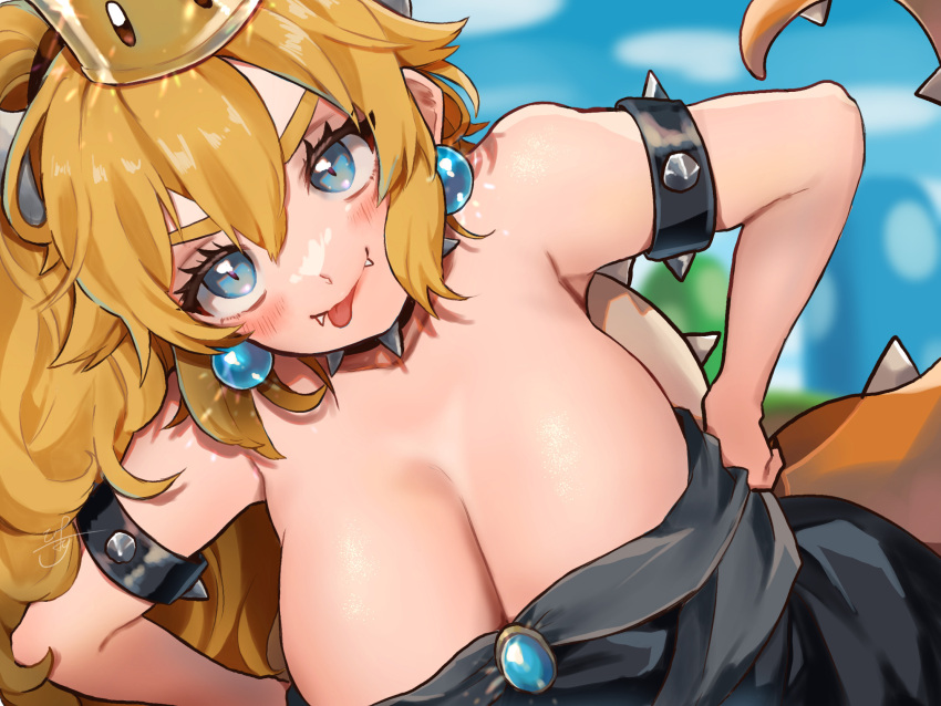 &gt;:) 1girl :p armlet bare_shoulders black_collar black_dress blonde_hair blue_eyes blurry blurry_background blush bowsette breasts cleavage collar crown day dress earrings fangs fangs_out hair_between_eyes hands_on_hips highres jewelry large_breasts leaning_to_the_side long_hair looking_at_viewer mario_(series) new_super_mario_bros._u_deluxe outdoors slit_pupils smile solo spiked_armlet spiked_collar spiked_shell spiked_tail spikes strapless strapless_dress super_crown tail tongue tongue_out turtle_shell uchisaki_himari upper_body v-shaped_eyebrows