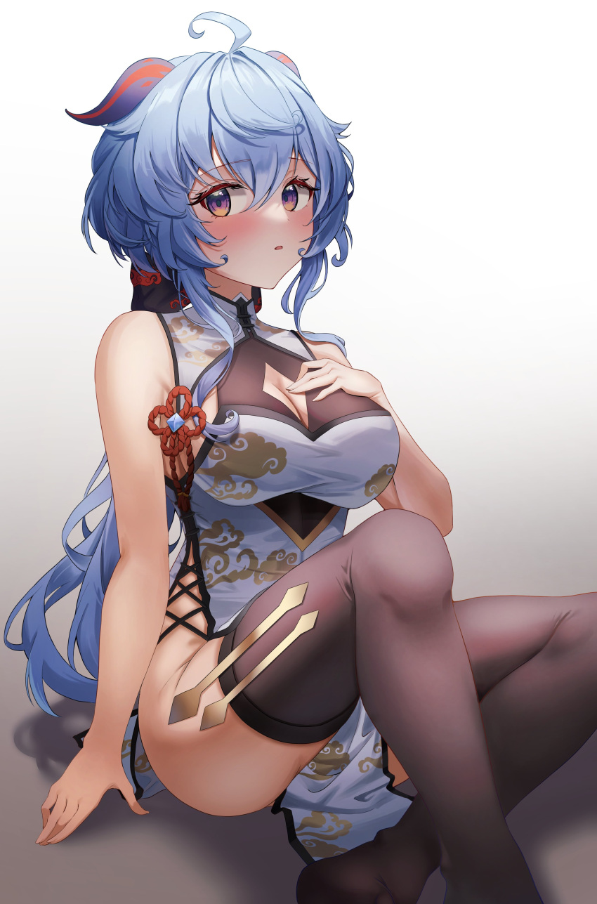 1girl absurdres ahoge bangs bare_shoulders blue_hair blush breasts china_dress chinese_clothes cleavage clothing_cutout cross-laced_slit dress ganyu_(genshin_impact) genshin_impact goat_horns hair_ornament highres horns large_breasts long_hair looking_at_viewer monmo_mu parted_lips pelvic_curtain purple_eyes side_slit sideboob sidelocks simple_background sitting solo tassel thighhighs