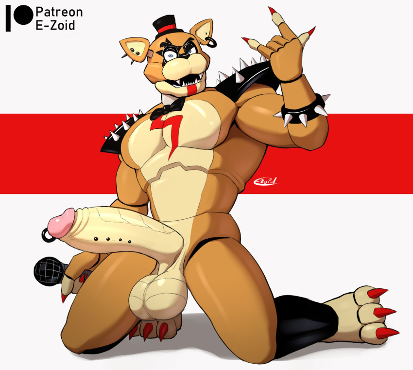 2022 alternate_costume animatronic anthro armband artist_name balls big_balls big_muscles big_penis bow_tie claws clothing devil_horns_(gesture) e-zoid ear_piercing ear_ring erection eyebrows facial_markings five_nights_at_freddy's five_nights_at_freddy's:_security_breach frenum_ladder frenum_piercing genital_piercing genitals gesture glamrock_freddy_(fnaf) hat head_markings headgear headwear hi_res holding_microphone holding_object huge_balls huge_penis humanoid_genitalia humanoid_penis kneeling ladder_piercing looking_at_viewer machine male mammal markings microphone muscular muscular_anthro muscular_male open_mouth open_smile patreon pecs penis penis_piercing piercing prince_albert_piercing red_background ring_piercing robot scottgames shoulder_pads signature simple_background smile spiked_armband spiked_shoulderpads spikes teeth thick_penis top_hat ursid video_games white_background