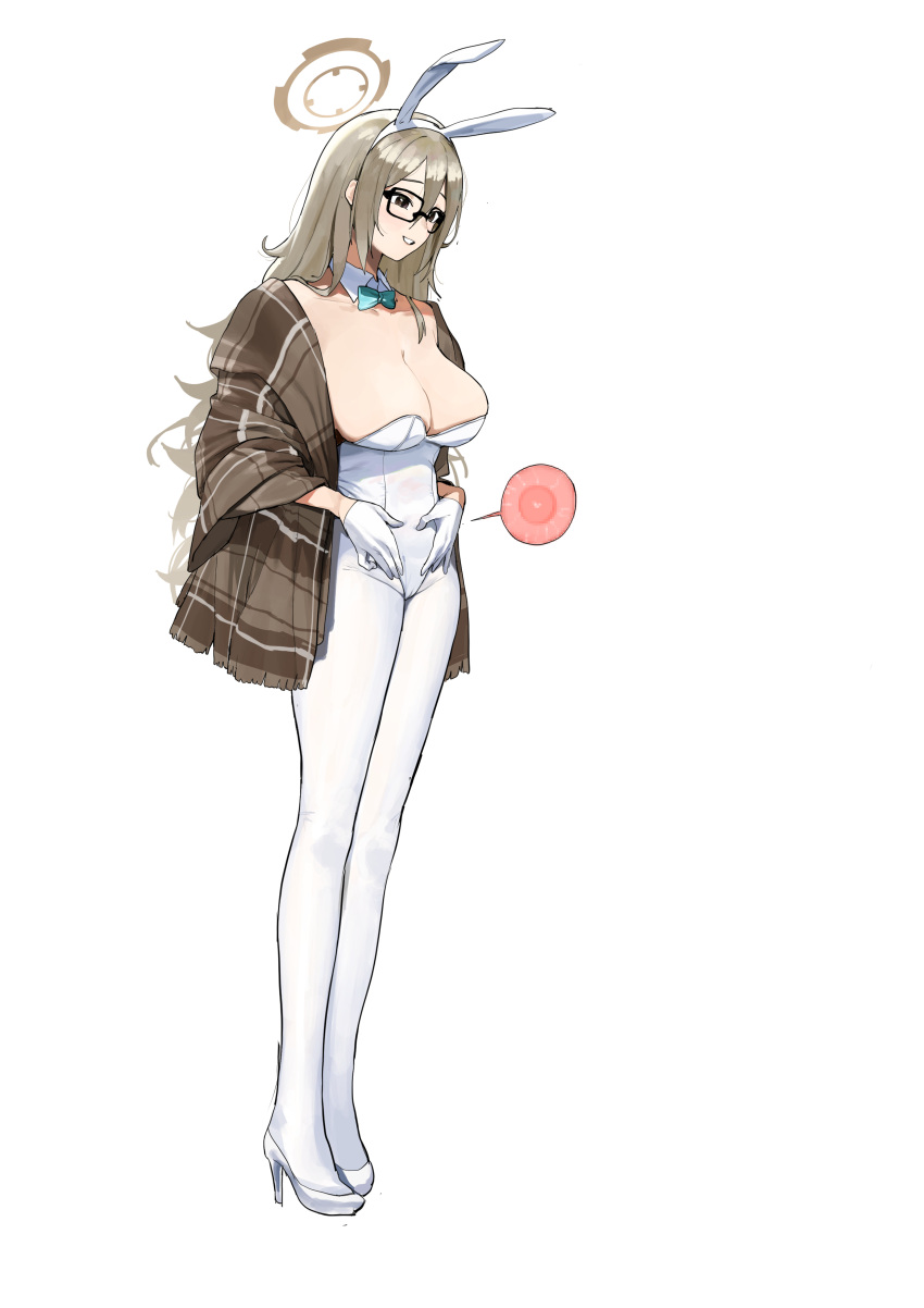 1girl absurdres akane_(blue_archive) akane_(bunny)_(blue_archive) animal_ears bare_shoulders blue_archive bow bowtie breasts brown_hair cleavage detached_collar fake_animal_ears fertilization full_body glasses hand_on_hip high_heels highres impregnation jacket large_breasts leotard long_hair ovum pantyhose playboy_bunny rabbit_ears simple_background solo standing strapless strapless_leotard tail tsuneta328 white_background white_leotard wrist_cuffs