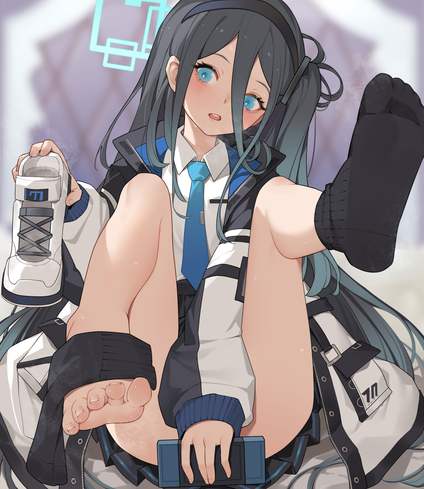 1girl absurdres arisu_(blue_archive) bangs barefoot black_hair black_hairband black_socks blue_archive blue_eyes blue_necktie collared_shirt hair_between_eyes hairband halo highres jacket long_hair looking_at_viewer multicolored_clothes multicolored_jacket necktie no_shoes one_side_up plant pleated_skirt ringed_eyes shirt skirt socks soles tie_clip toes very_long_hair white_jacket xssh