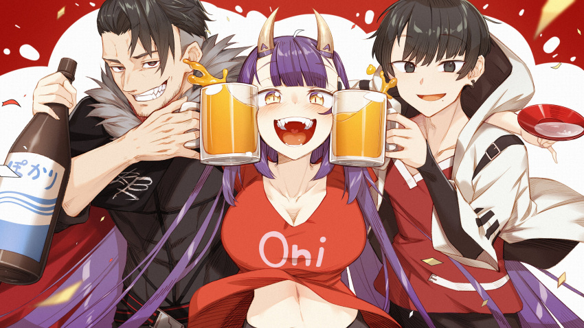 1girl 2boys absurdres bangs beer_mug black_hair blunt_bangs blush bottle breasts cleavage clothes_writing cluseller commentary cup english_commentary fangs grin heart heart_in_mouth highres holding holding_cup hood hood_down hoodie horns indie_virtual_youtuber large_breasts long_hair looking_at_viewer mug multiple_boys navel oni oni_horns onigiri_(vtuber) open_mouth purple_hair rpr sakazuki sake_bottle scarz slit_pupils smile teeth tongue upper_body very_long_hair virtual_youtuber yellow_eyes