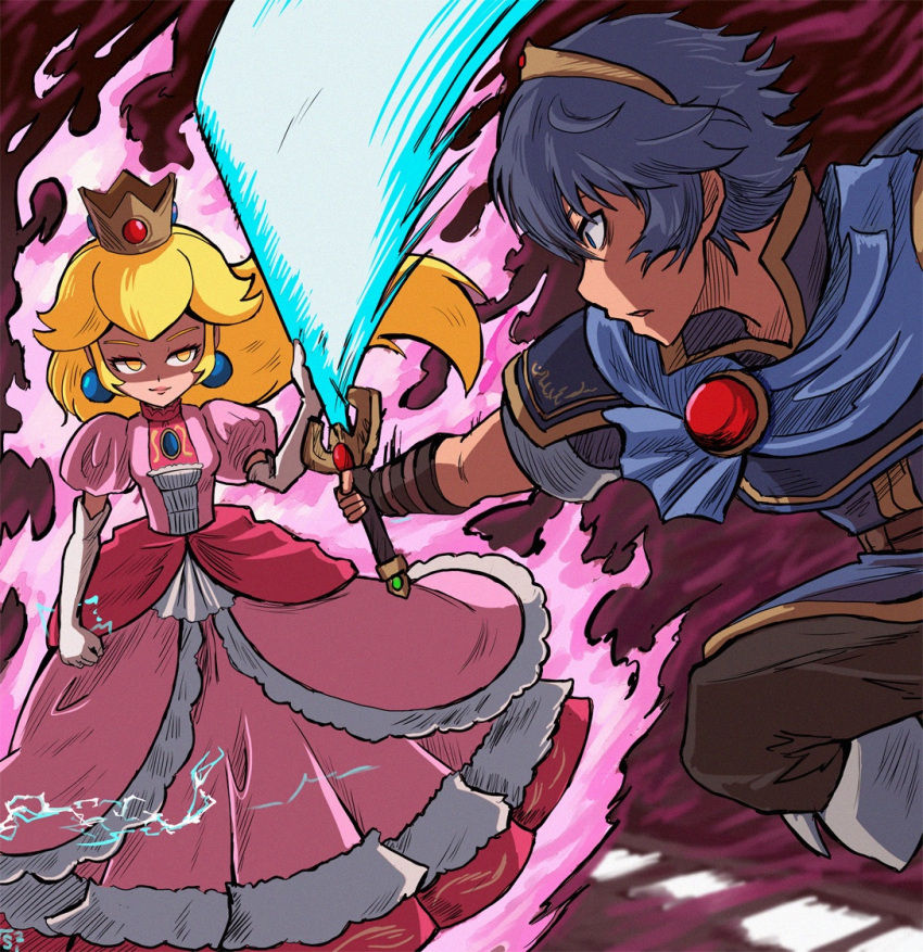 1boy 1girl angry arms_behind_back belt black_bear blonde_hair blue_eyes blue_hair blue_shirt boots crown dress earrings fire fire_emblem fire_emblem:_mystery_of_the_emblem gloves jewelry long_hair looking_at_another mario_(series) marth_(fire_emblem) pink_dress princess_peach purple_fire shawl shirt short_hair smile stoic_seraphim super_smash_bros. surprised sword tiara weapon yellow_eyes