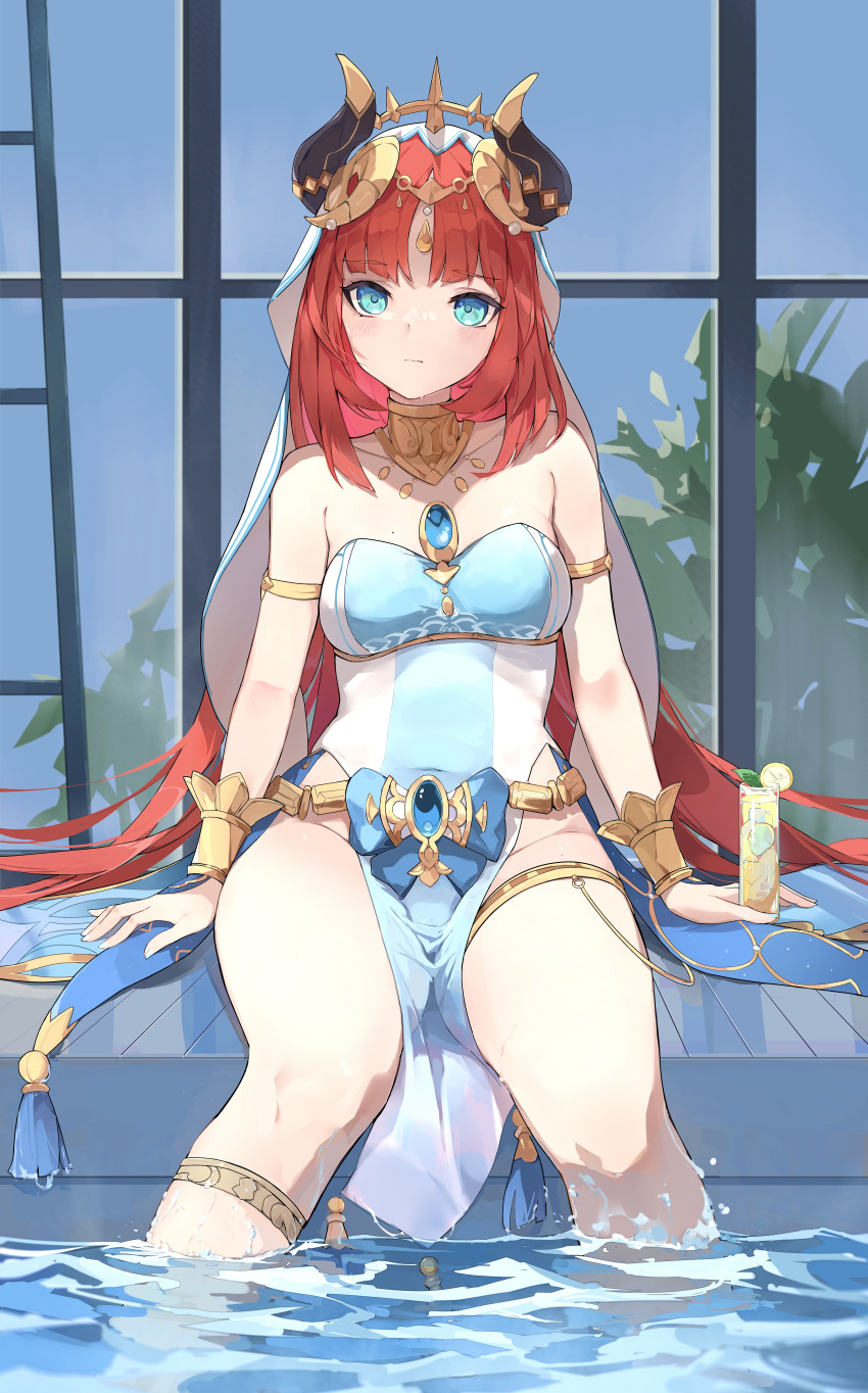 1girl absurdres alternate_costume arm_support armlet bangs bare_shoulders blue_eyes blue_gemstone blue_nails blush breasts closed_mouth commentary covered_navel forehead_jewel gem genshin_impact glass gong_cha groin highres horns jewelry long_hair mole mole_on_breast nail_polish neck_ring nilou_(genshin_impact) no_panties one-piece_swimsuit parted_bangs pelvic_curtain plant red_hair sitting small_breasts soaking_feet solo swimsuit thighlet thighs tropical_drink vambraces veil vision_(genshin_impact) white_headdress window