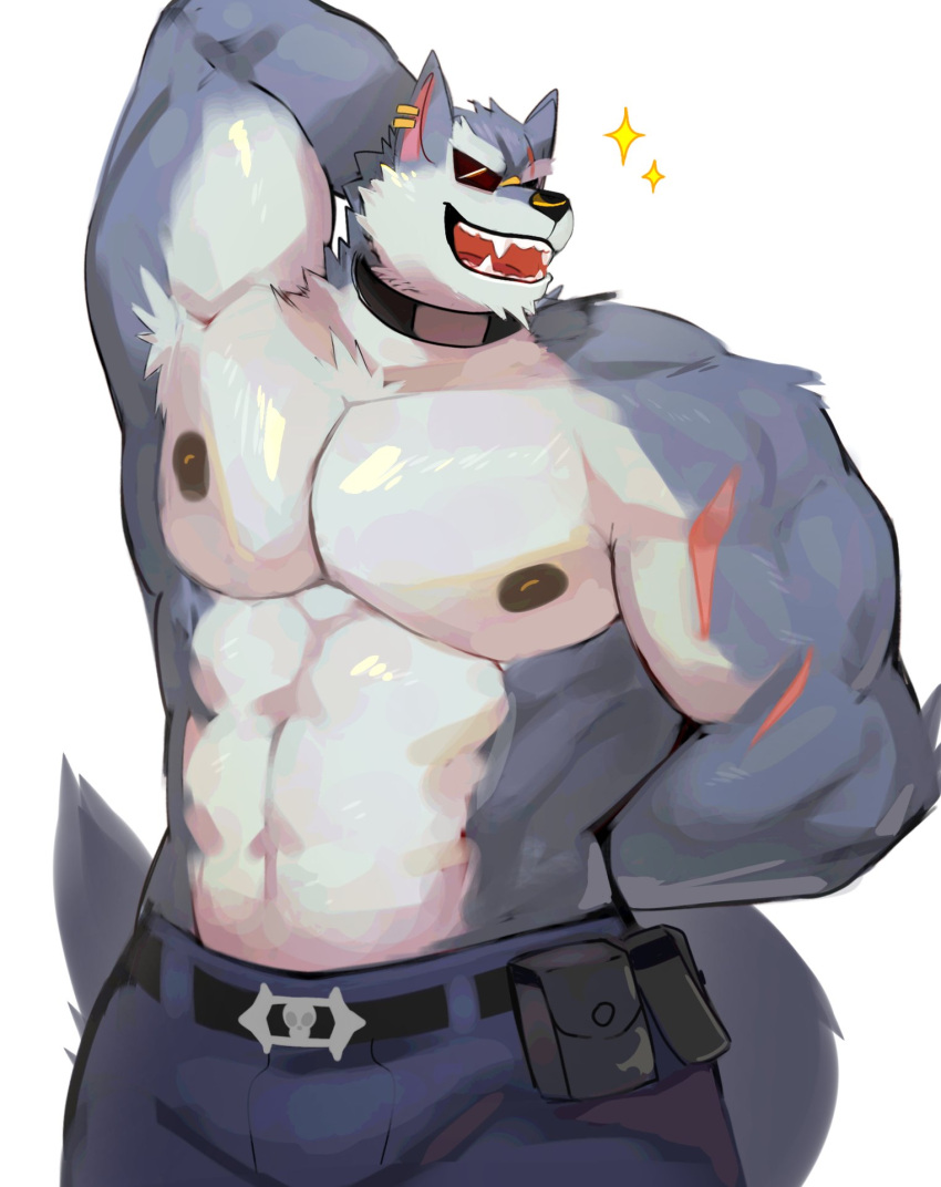 2022 abs anthro belt black_nose blue_body blue_fur bottomwear bulge canid canine canis cilok clothed clothing collar digital_media_(artwork) dislyte ear_piercing eyewear freddy_(dislyte) fur hi_res male mammal multicolored_body multicolored_fur muscular muscular_anthro muscular_male nipples open_mouth open_smile pants pecs piercing prick_ears scar sharp_teeth simple_background smile solo sparkles sunglasses teeth topless two_tone_body two_tone_fur white_background white_body white_fur wolf