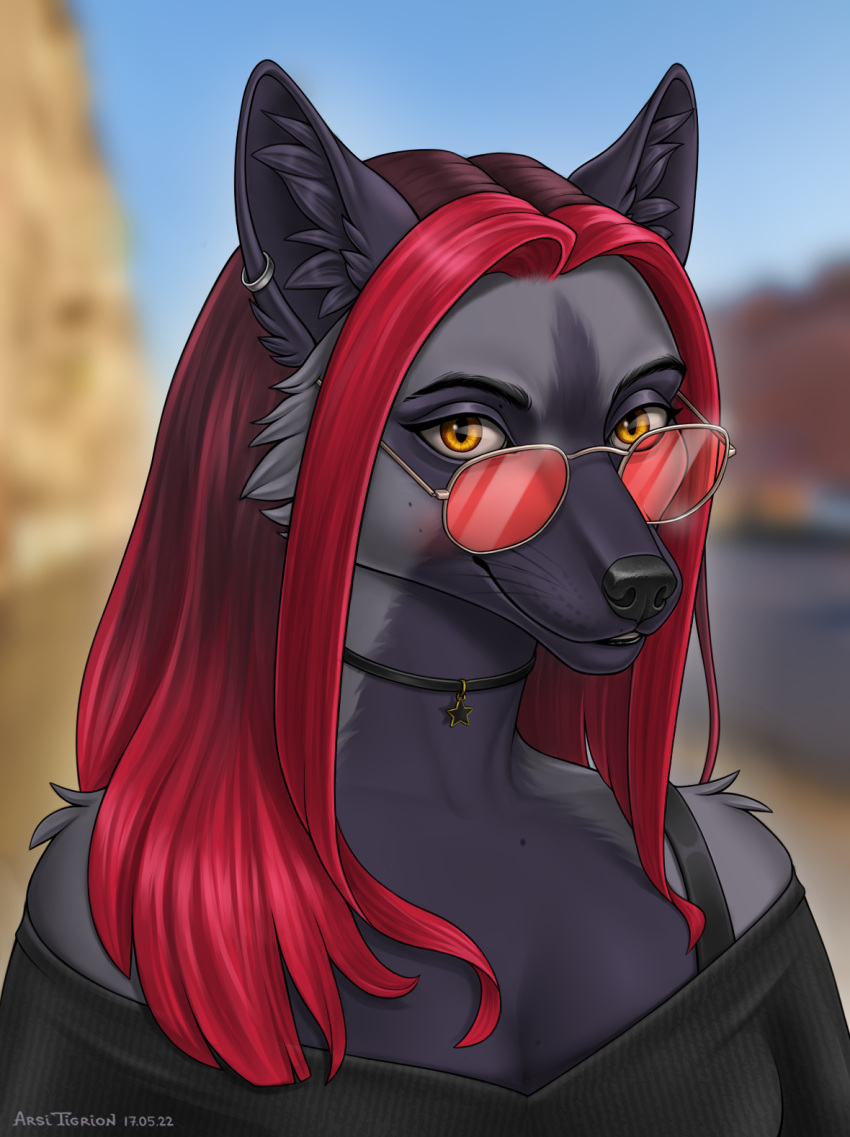 2022 alternate_version_at_source anthro arsi_tigrion black_body black_clothing black_countershading black_ears black_eyebrows black_fur black_inner_ear black_inner_ear_fluff black_nose black_topwear blurred_background breasts canid canine cleavage clothed clothing countershading dated eyebrows eyewear female fox fur glasses grey_body grey_fur hair hi_res inner_ear_fluff mammal multicolored_body multicolored_fur outside pupils red_fox red_hair silver_fox sky solo topwear tuft two_tone_body two_tone_fur whiskers yellow_eyes