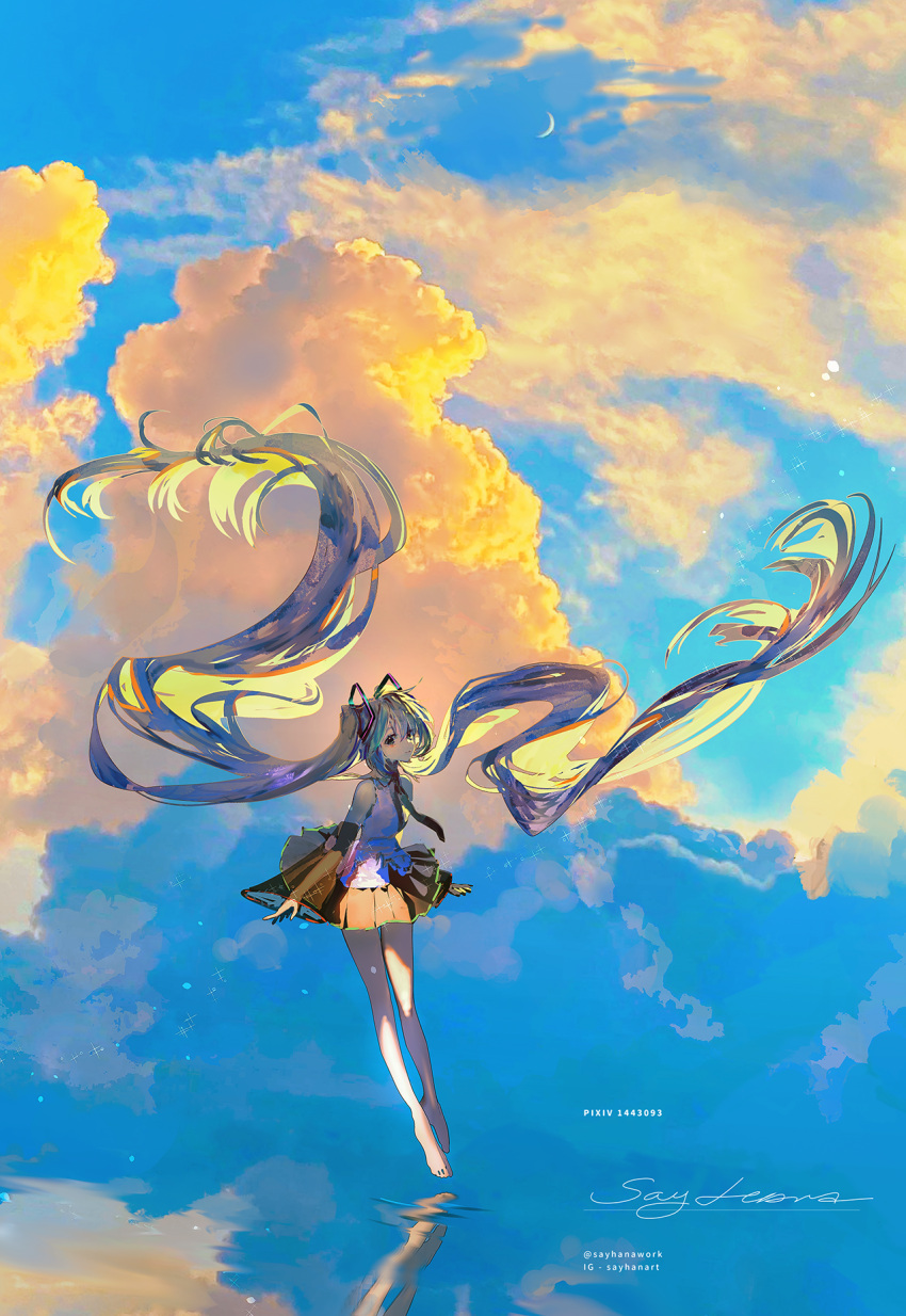 1girl absurdly_long_hair bangs bare_shoulders barefoot black_skirt black_sleeves blue_eyes blue_hair blue_necktie blue_sky breasts closed_mouth cloud cloudy_sky commentary day detached_sleeves floating_hair hair_between_eyes hatsune_miku highres instagram_username long_hair long_sleeves looking_at_viewer necktie new_moon outdoors pixiv_id pleated_skirt reflection say_hana see-through see-through_sleeves shirt signature skirt sky sleeveless sleeveless_shirt sleeves_past_wrists small_breasts solo symbol-only_commentary twintails twitter_username very_long_hair vocaloid water white_shirt wide_sleeves