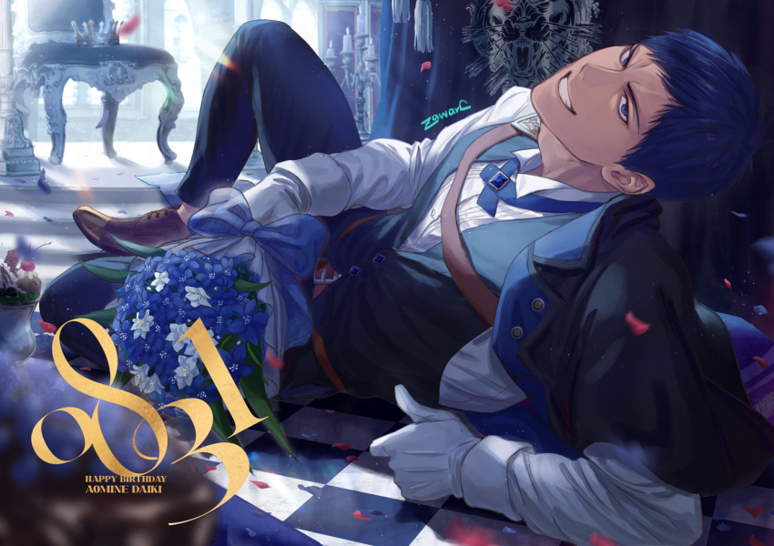 1boy aomine_daiki artist_name belt birthday blue_coat blue_eyes blue_flower blue_hair blue_pants blue_vest boots bouquet brown_footwear buttons candle character_name checkered_floor cherry chocolate chocolate_syrup coat commentary_request crown cup dark-skinned_male dark_skin dated dress_shirt drink drinking_glass flower food fruit glass gloves grin happy happy_birthday head_tilt holding holding_bouquet indoors kuroko_no_basuke long_sleeves looking_at_viewer male_focus on_floor one_knee pants petals shirt short_hair smile solo throne vest whipped_cream white_flower white_gloves white_shirt zawar379