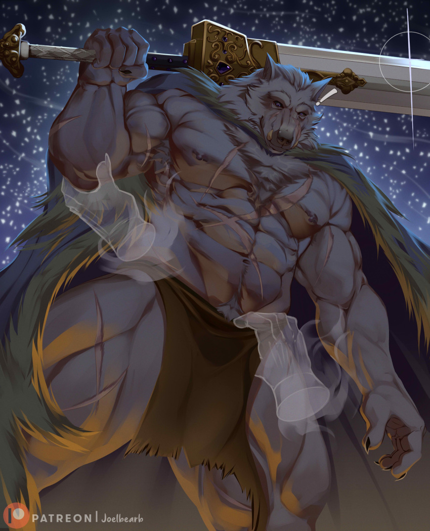 2022 5_fingers abs absurd_res anthro artist_name big_muscles black_sclera blaidd_(elden_ring) body_hair bottomwear canid canine canis cape chest_tuft claws clothed clothing detailed_background digital_media_(artwork) disembodied_hand duo elden_ring exclamation_point fingers fromsoftware fur grey_body grey_fur happy_trail hi_res holding_object holding_sword holding_weapon joelbearb loincloth male mammal melee_weapon muscular muscular_anthro muscular_male navel neck_tuft night nipples patreon patreon_logo purple_eyes ruff scar solo_focus sword topless tuft video_games weapon wolf