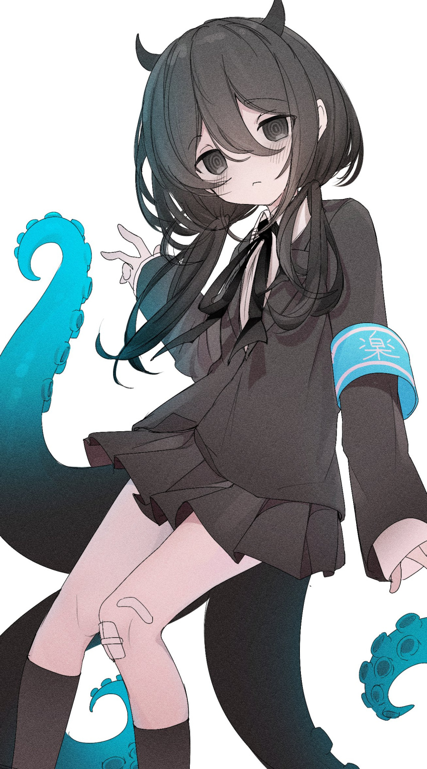 1girl @_@ armband bandaid bandaid_on_knee bandaid_on_leg bangs black_eyes black_hair black_jacket black_ribbon black_skirt black_socks blush closed_mouth collared_shirt hair_between_eyes highres horns indie_virtual_youtuber jacket kneehighs long_hair long_sleeves looking_at_viewer low_twintails neck_ribbon osakanaaaaaa pleated_skirt ribbon shirt simple_background skirt sleeves_past_wrists socks solo tentacles twintails virtual_youtuber white_background white_shirt yamata_ia