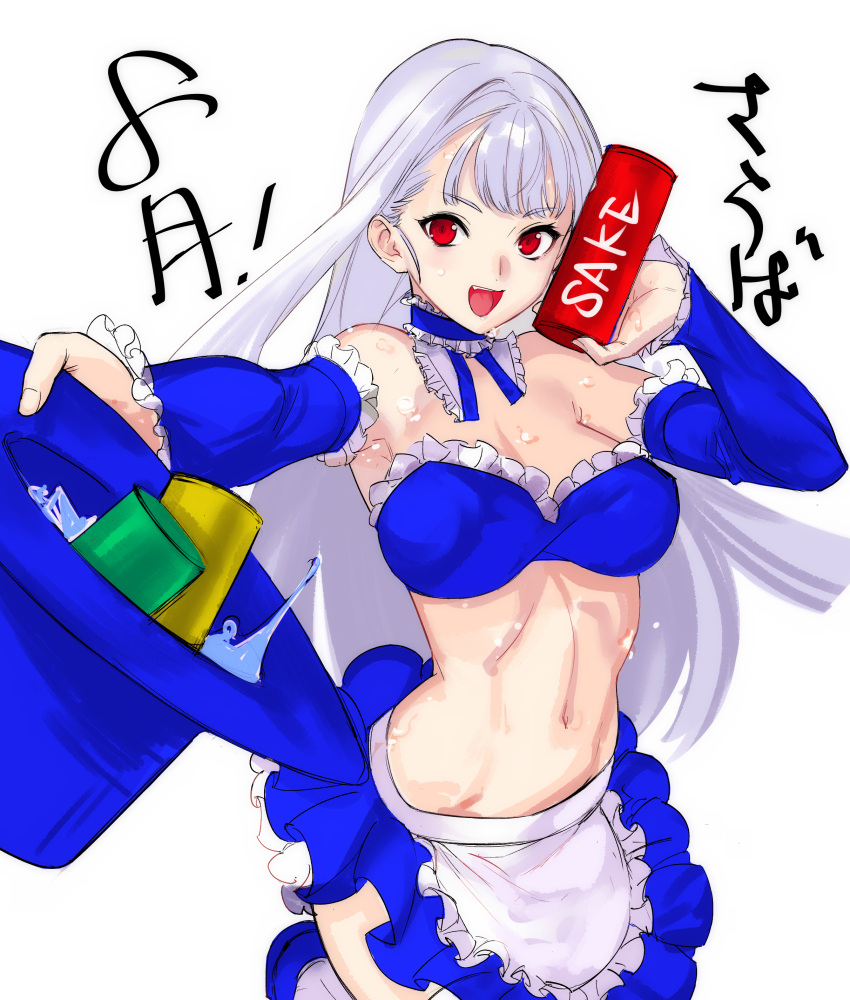 1girl absurdres alcohol apron blue_bra blue_headwear blue_sleeves bra can capcom_fighting_jam commentary_request detached_sleeves drink frilled_bra frilled_sleeves frills hat highres holding holding_drink ingrid_(capcom) midnight_bliss midriff open_mouth pleated_skirt red_eyes sake skirt solo tetsu_(kimuchi) thighhighs top_hat underwear white_hair white_thighhighs